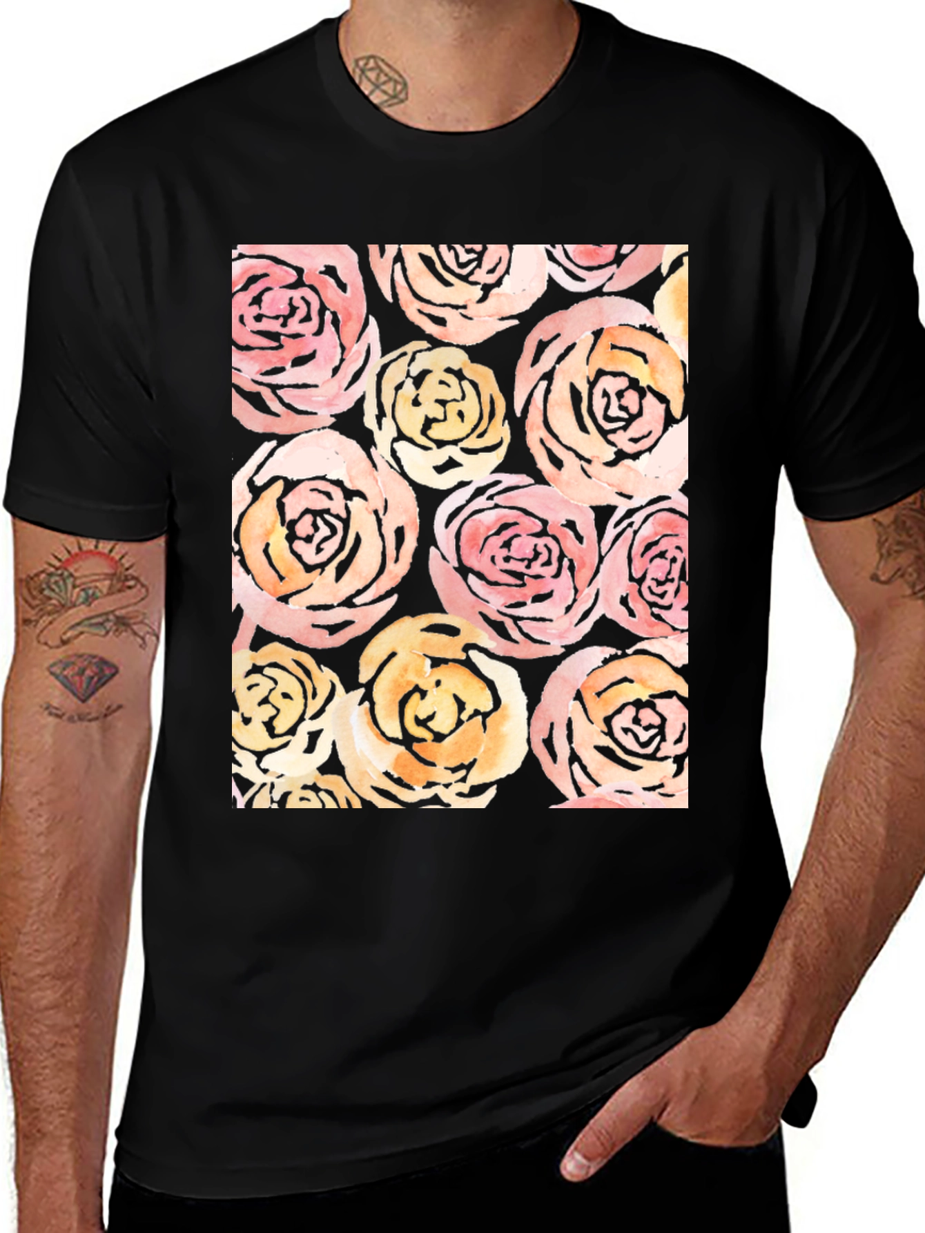 Variant 9 of Floral Roses Print Black T-Shirt