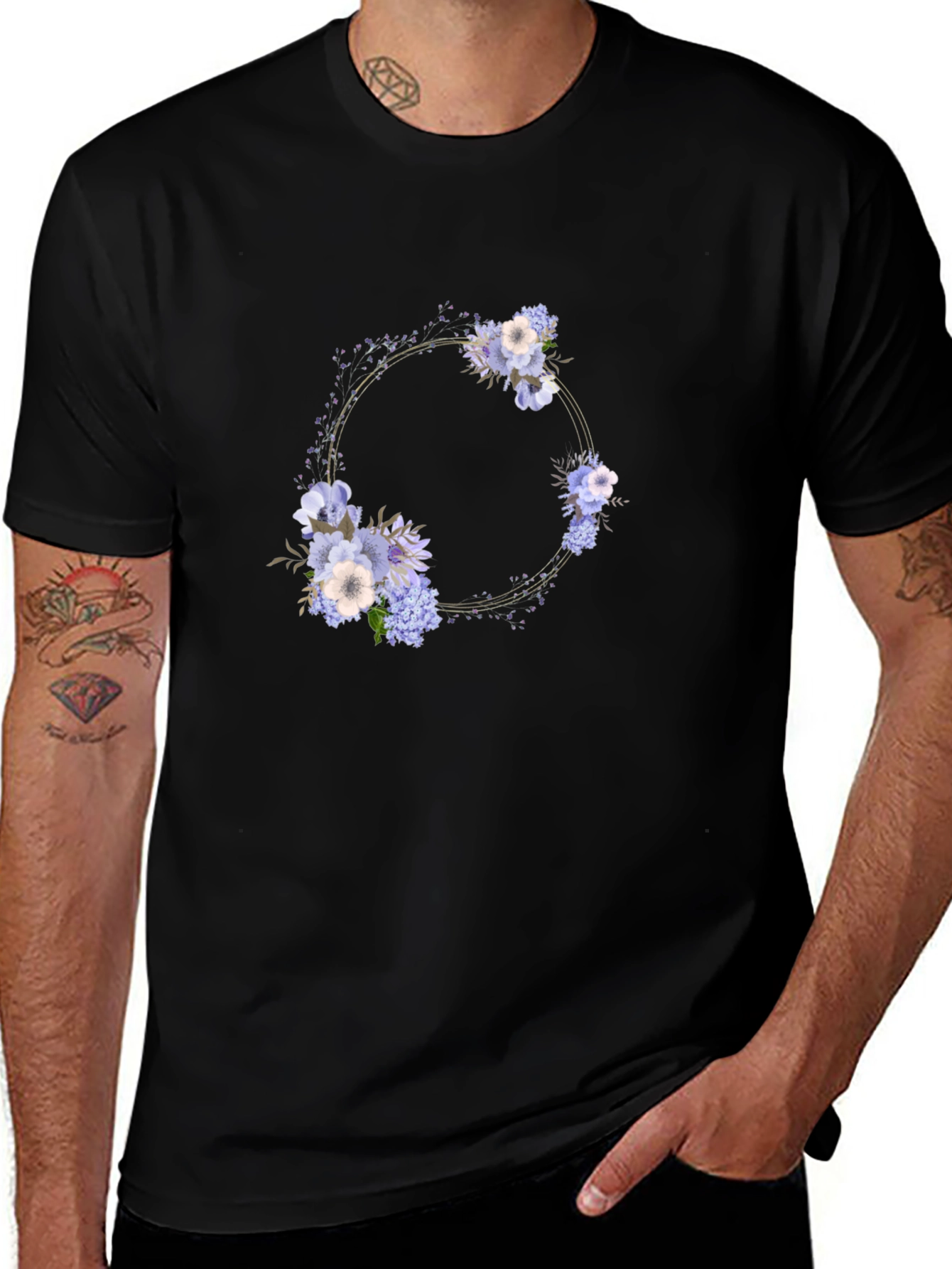 Variant 18 of Floral Wreath Black T-Shirt - Stylish Men's Tee