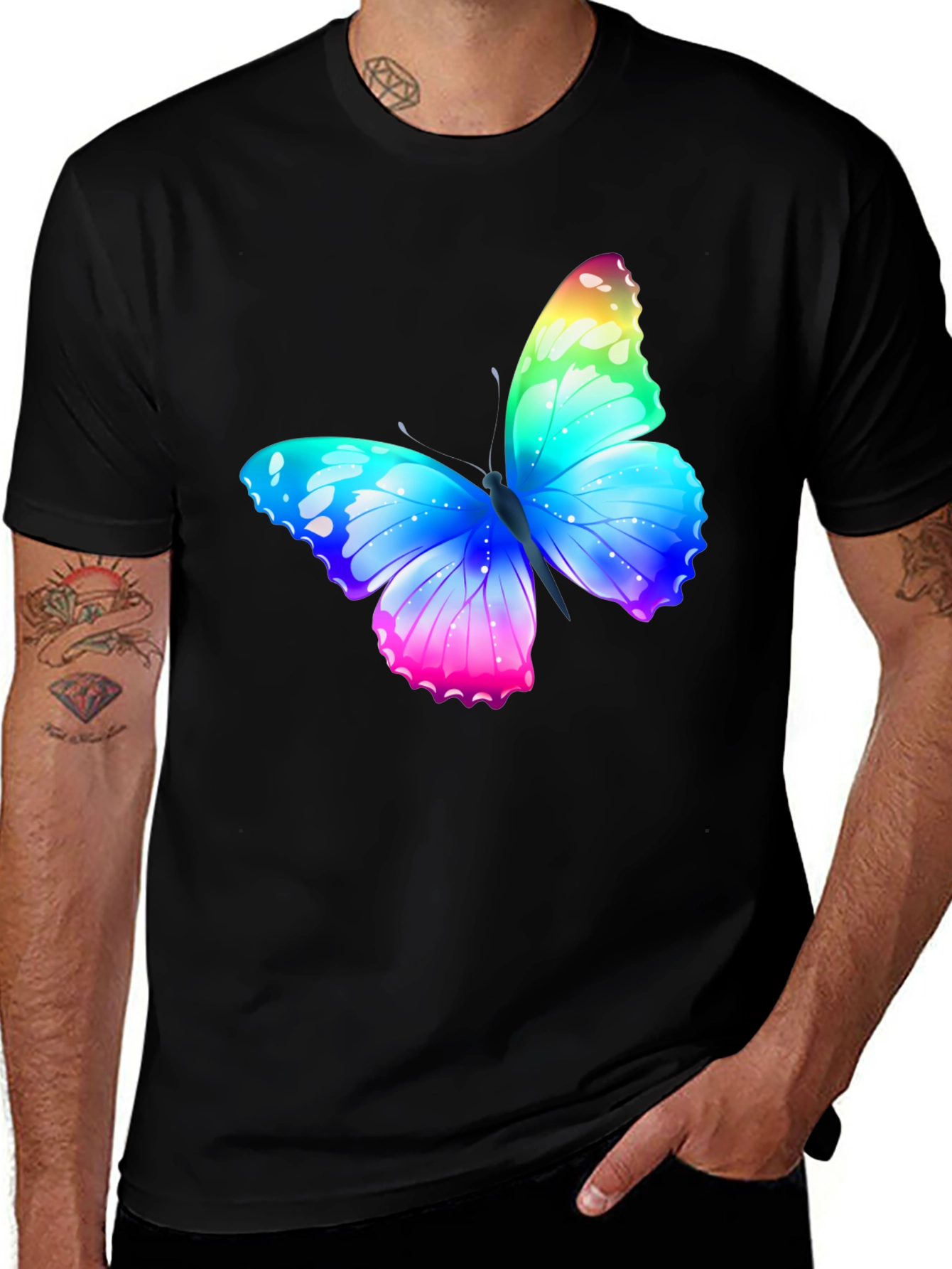 Variant 4 of Rainbow Butterfly Graphic Black T-Shirt