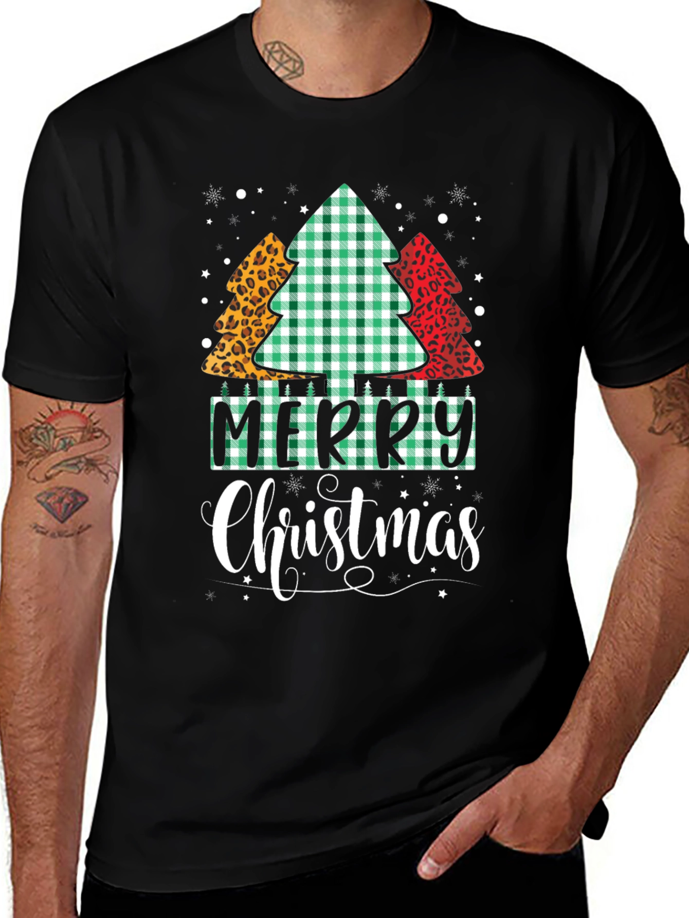 Merry Christmas Tree Pattern Black T-Shirt