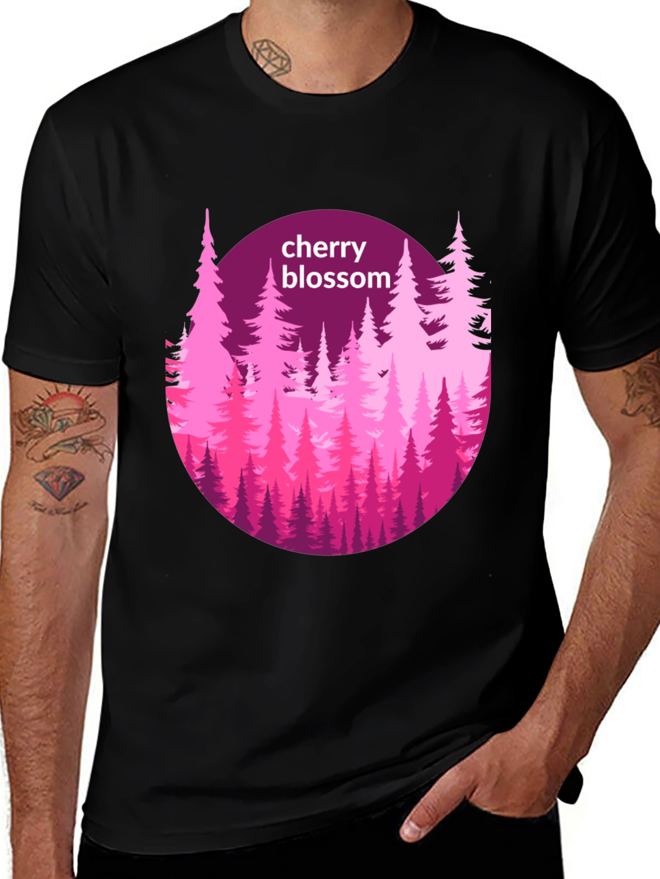 Cherry Blossom Forest Graphic Tee - Black Cotton Shirt
