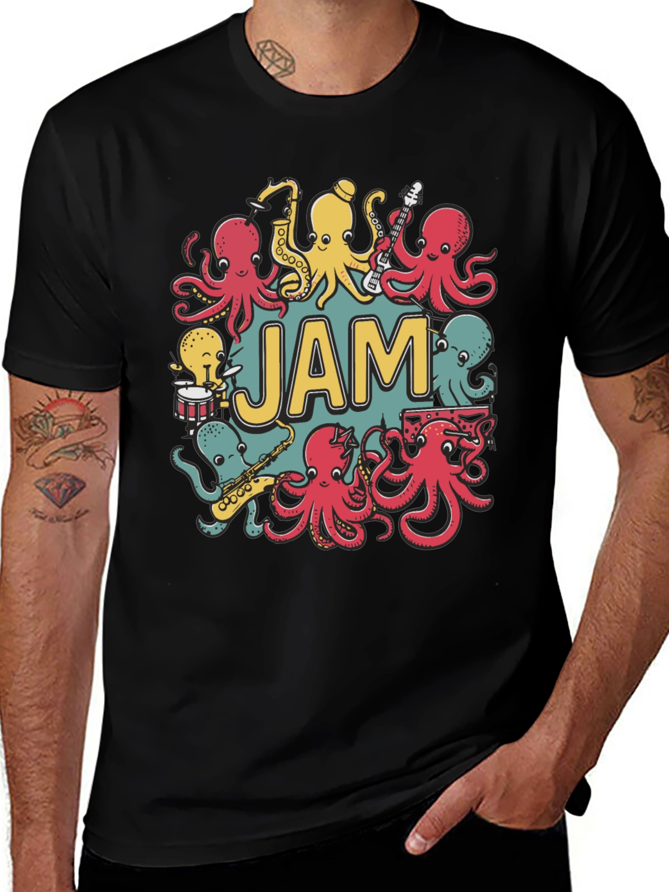Variant 29 of Octopus Jam Band Graphic T-Shirt - Black Cotton Tee