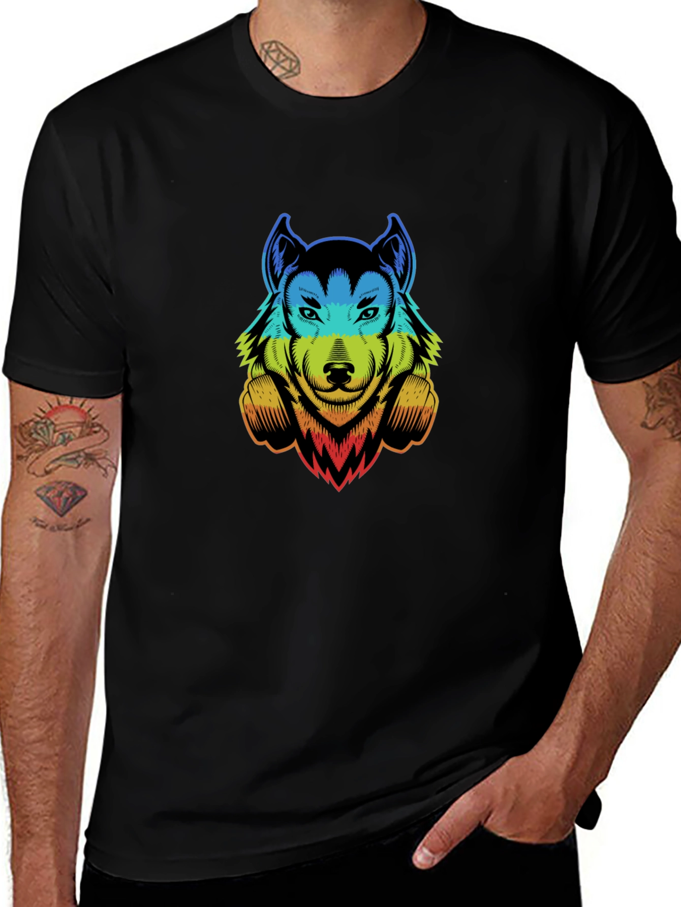 Variant 18 of Rainbow Wolf Graphic Print Black T-Shirt