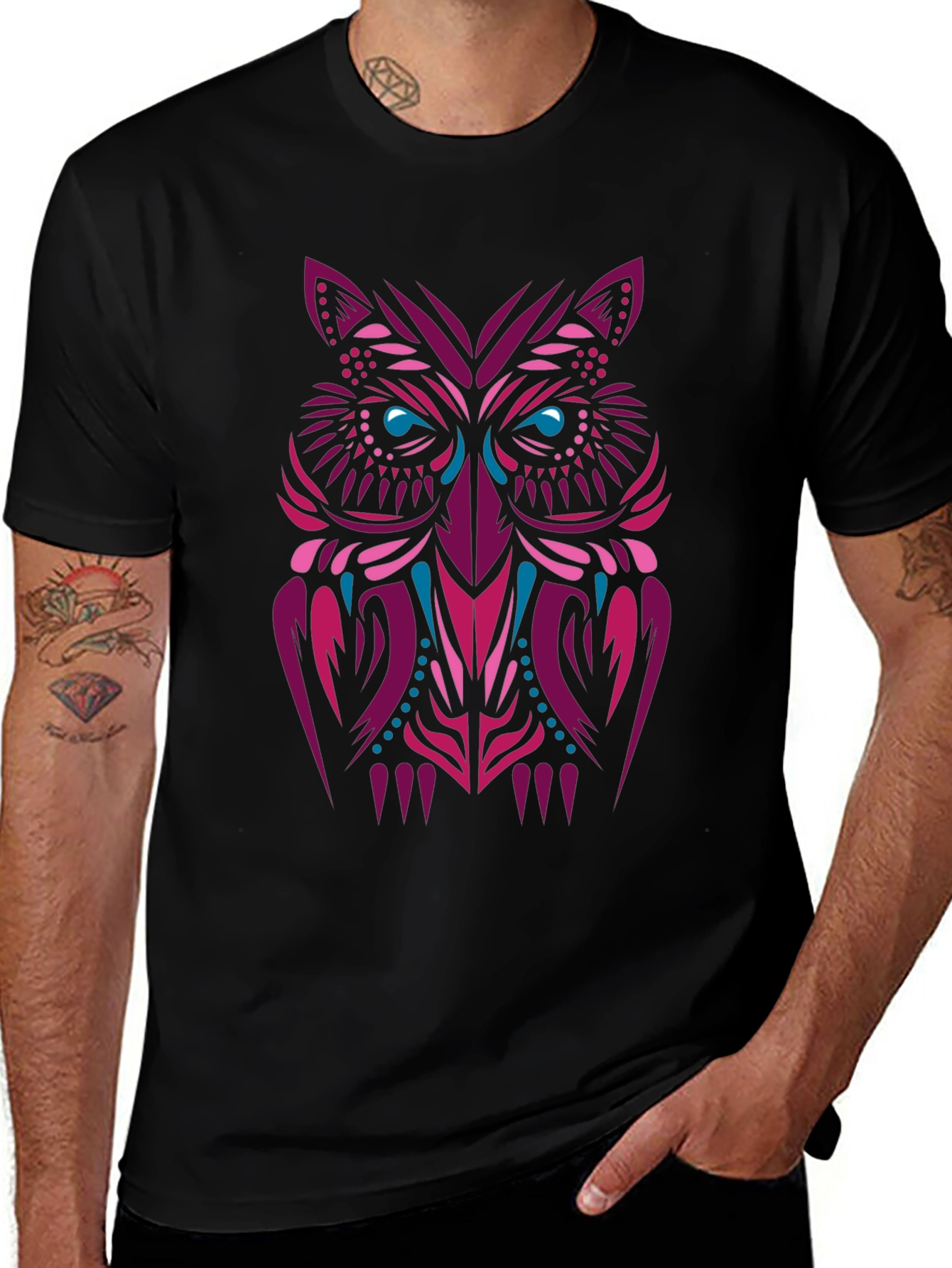 Tribal Owl Graphic Tee - Stylish Men's Black T-Shirt