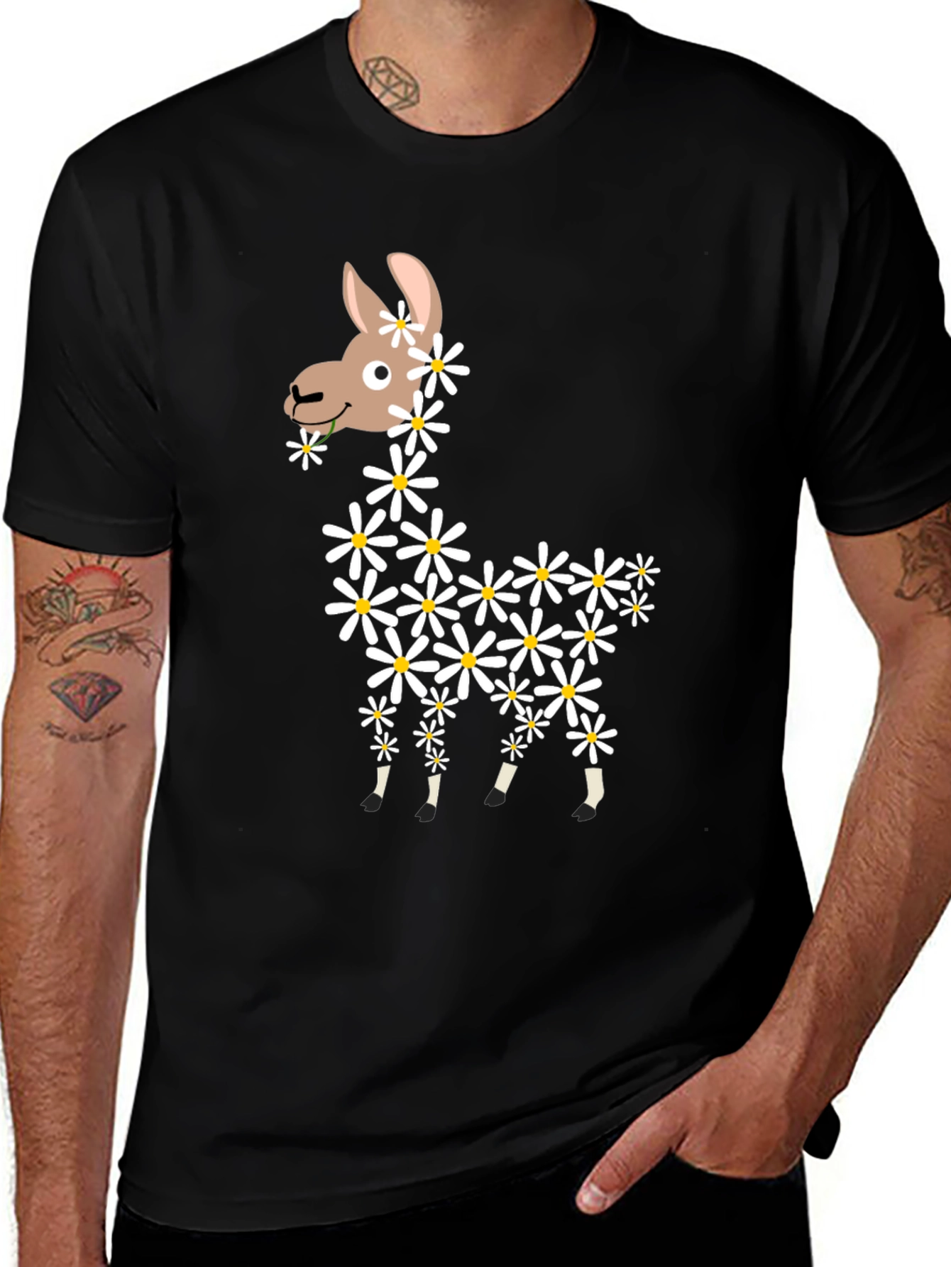 Black Llama Flower Graphic Tee - Cute & Casual Black T-Shirt main image