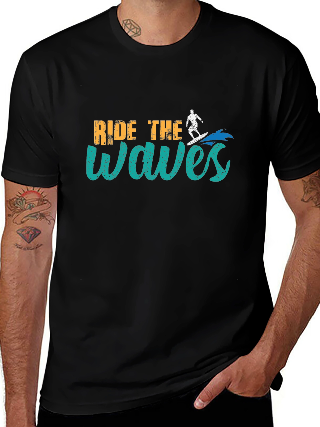 Variant 5 of Ride the Waves Graphic Tee - Black Cotton Surfer Shirt