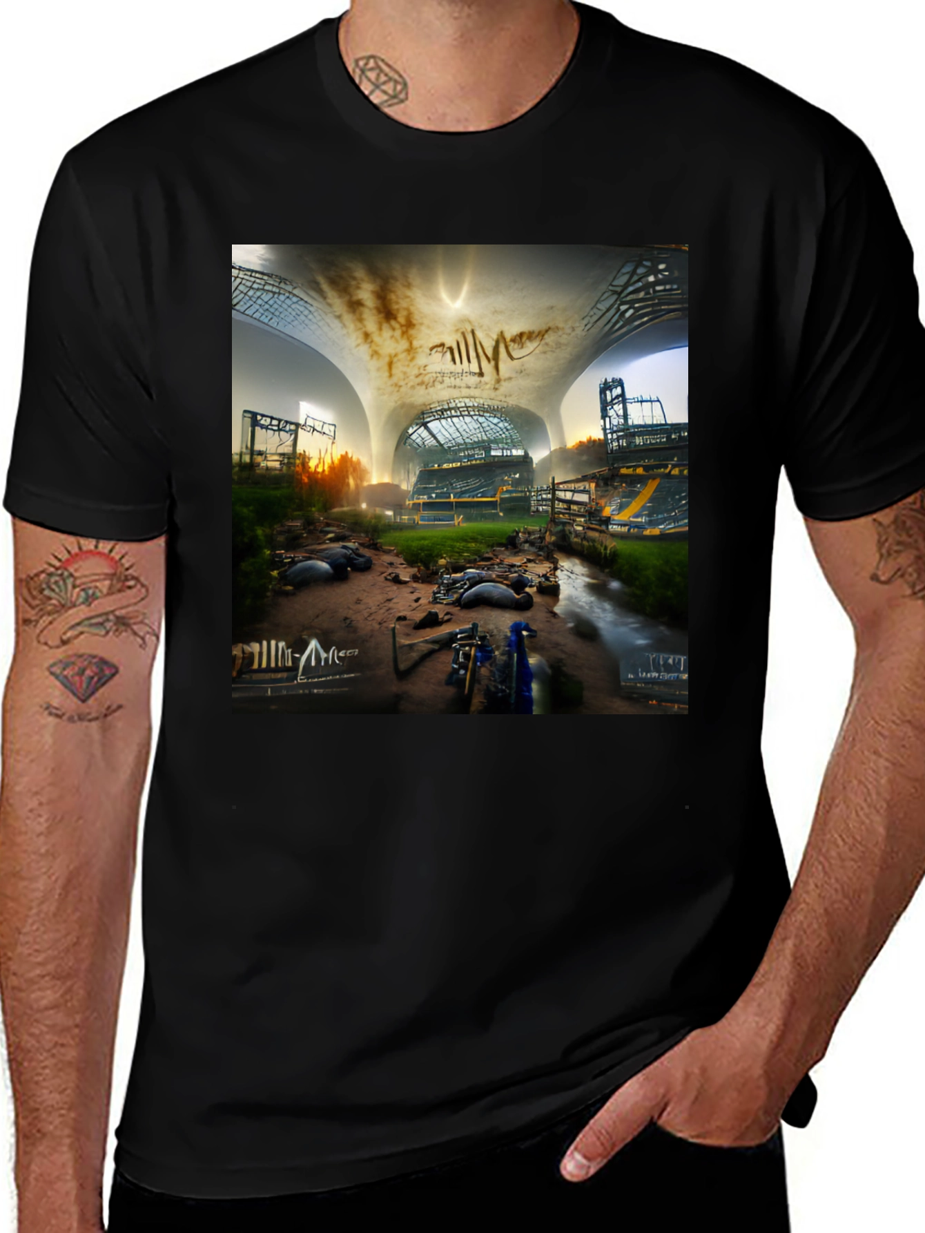 Variant 16 of Surreal Stadium Graphic Tee - Black Crew Neck T-Shirt
