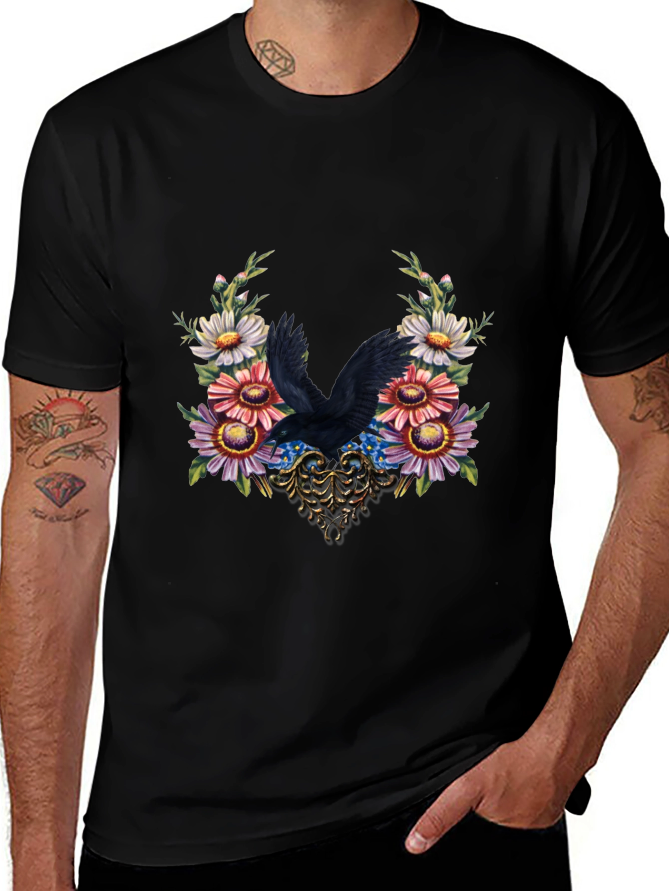 Variant 7 of Raven & Floral Graphic Tee - Dark Bird Art Shirt