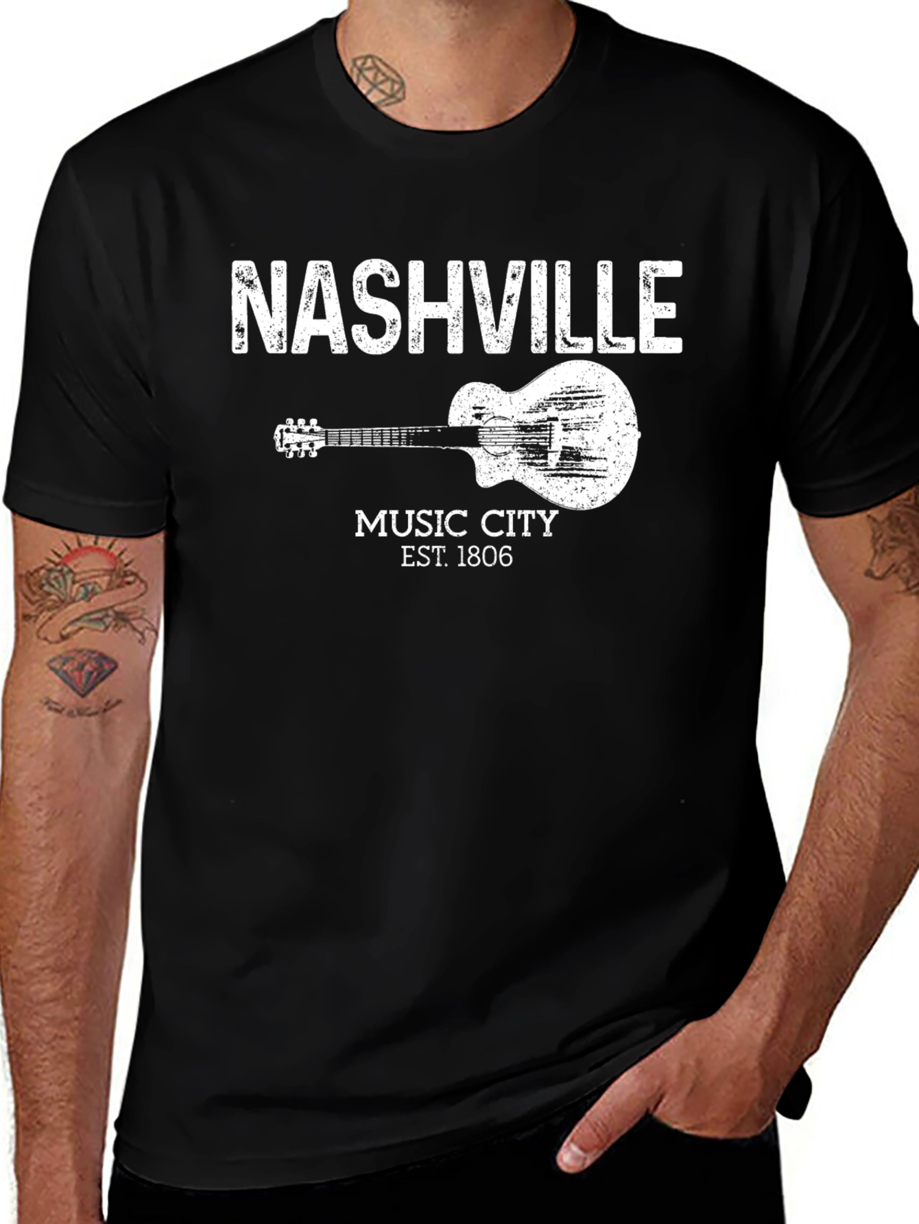 Black Nashville Music City Guitar Graphic T-Shirt main image