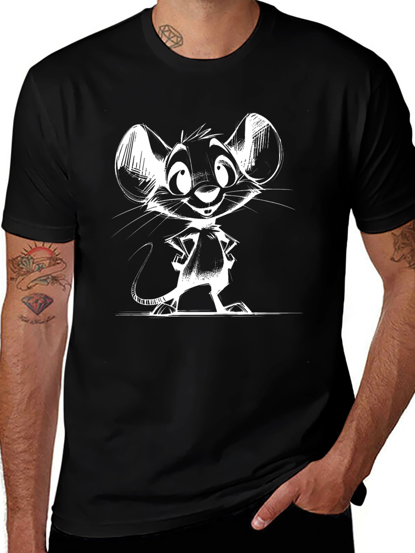 Variant 13 of Cartoon Mouse Graphic T-Shirt - Black Crew Neck Tee
