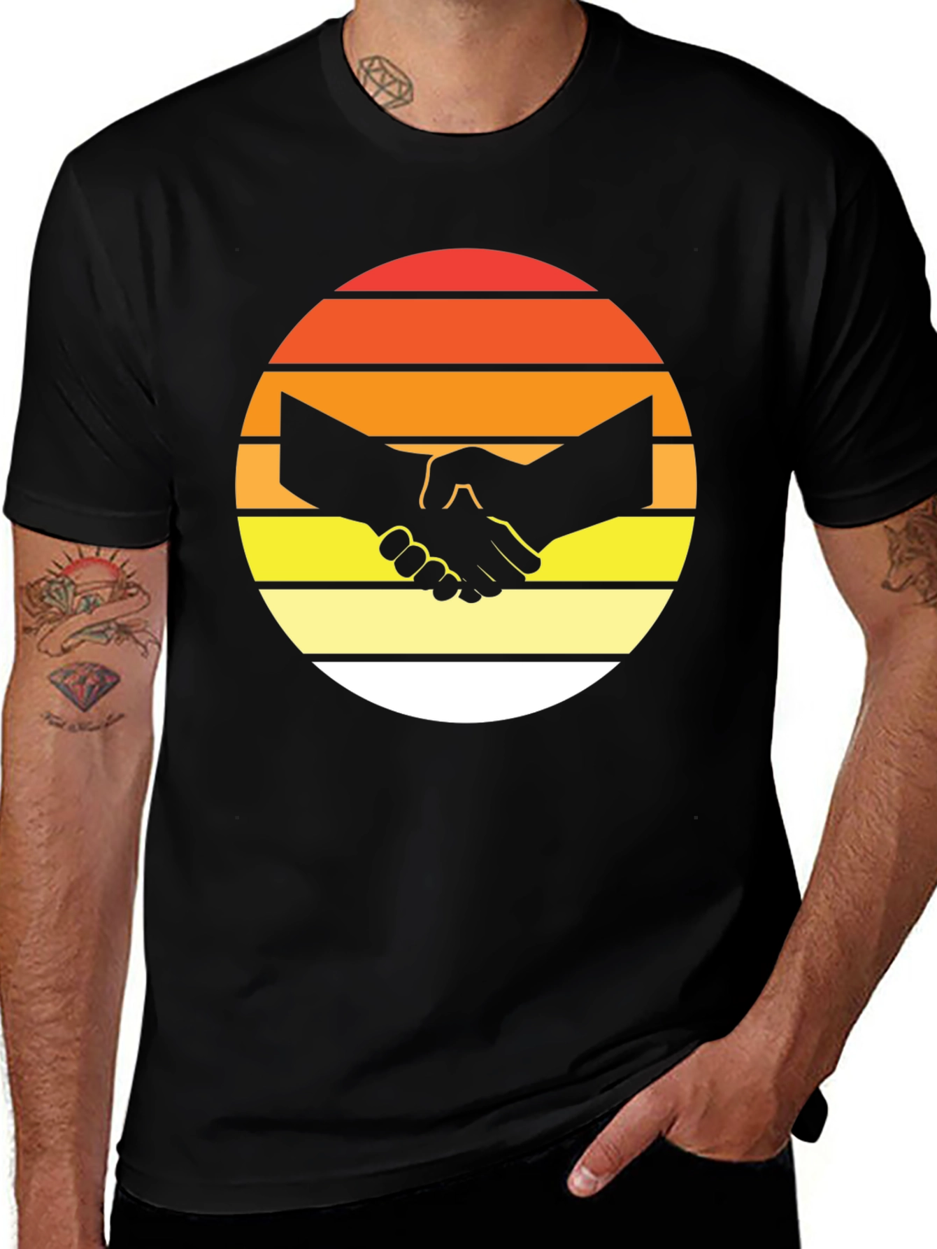 Variant 14 of Sunset Handshake Graphic Black T-Shirt