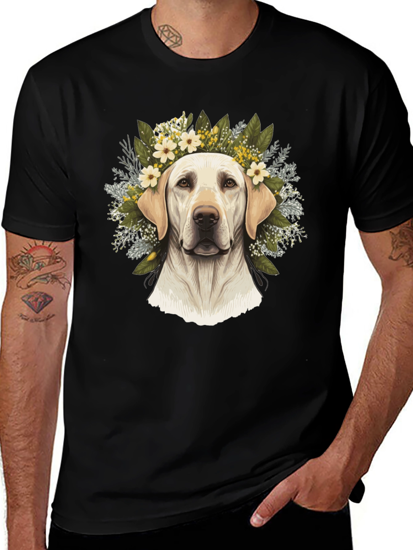 Variant 14 of Dog With Floral Wreath Black T-Shirt