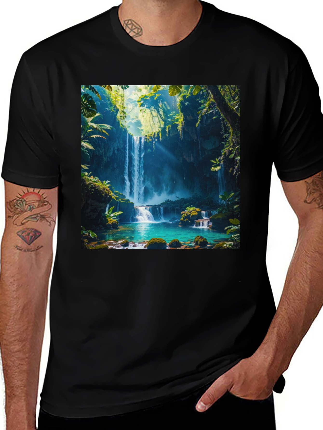 Variant 17 of Tropical Waterfall Graphic Tee - Nature Lover's Black T-Shirt