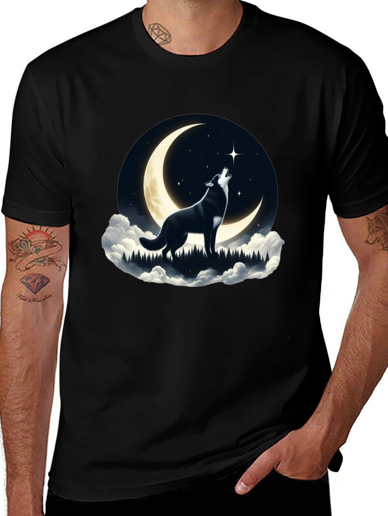 Variant 24 of Wolf Howling at Moon Graphic Tee - Black