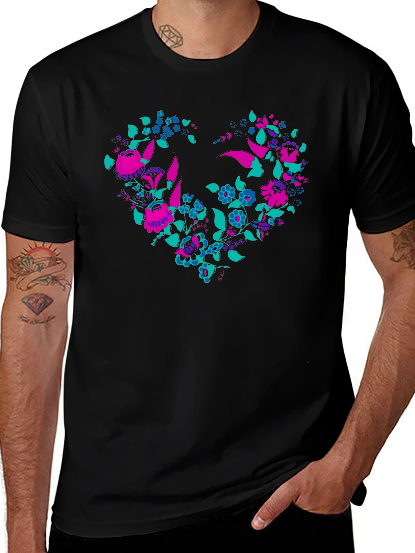 Variant 23 of Floral Heart Graphic Tee - Black Cotton Blend