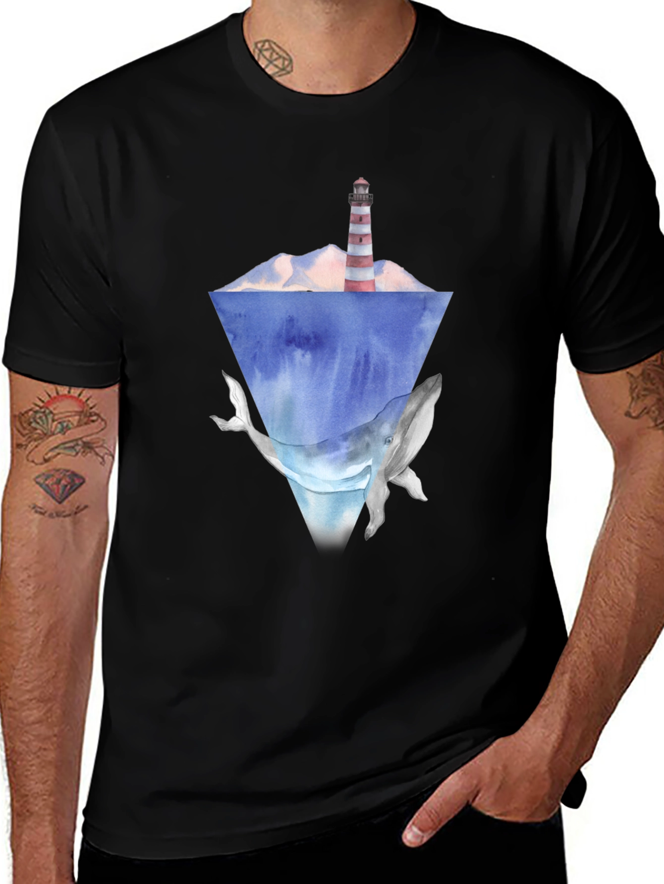 Variant 18 of Whale & Lighthouse Graphic Tee - Stylish Men's Black T-Shirt