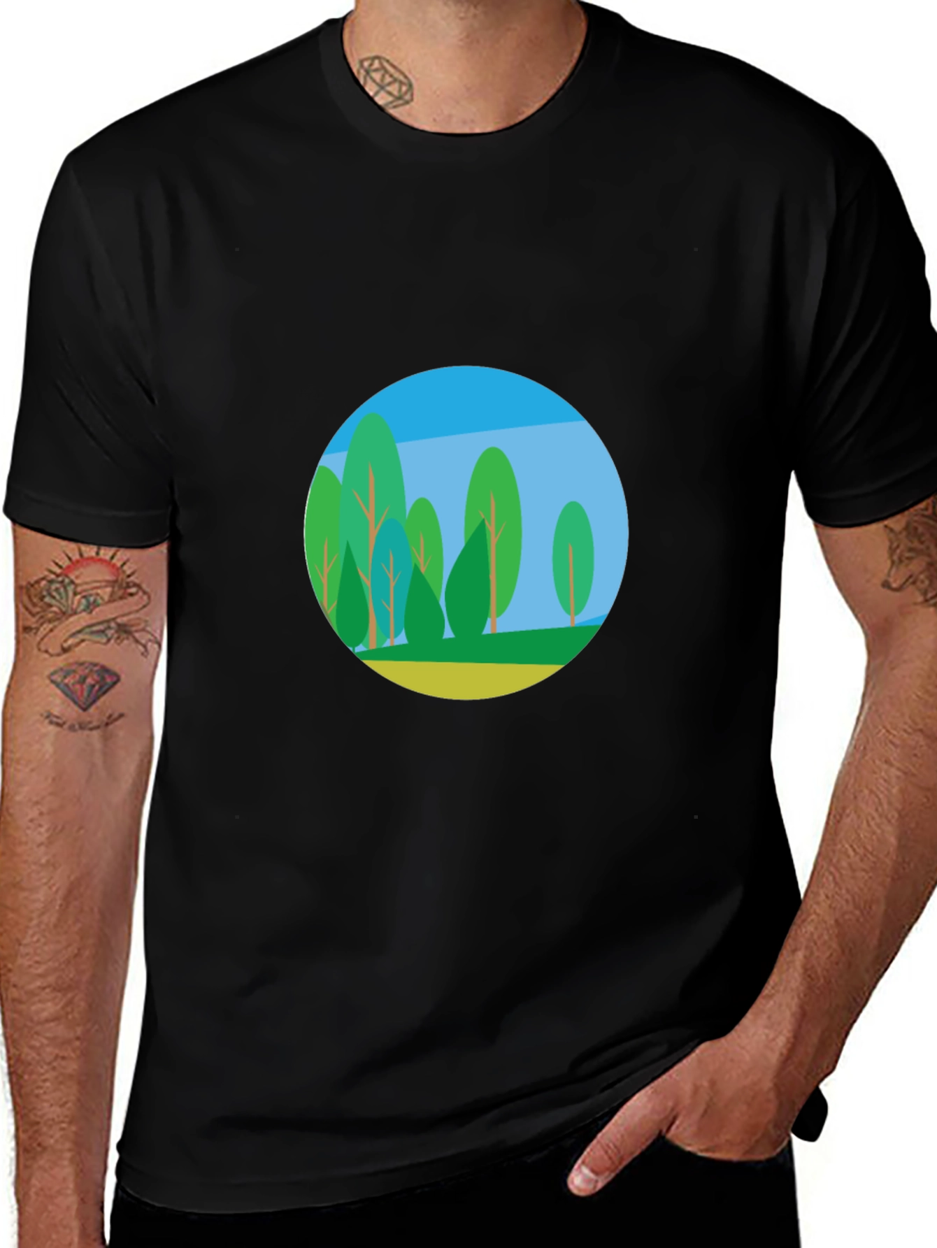 Variant 12 of Nature Scene Graphic Tee - Black Cotton Blend Shirt