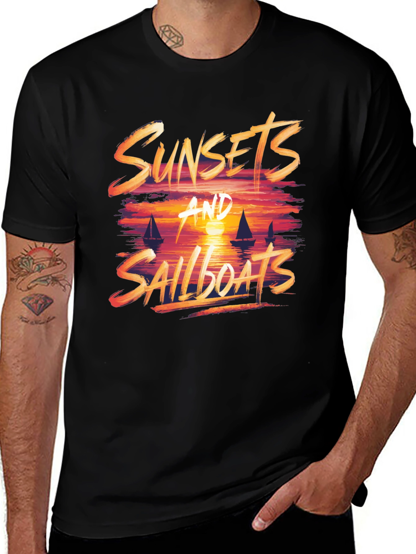 Variant 17 of Sunsets & Sailboats Graphic Tee - Black Cotton Blend