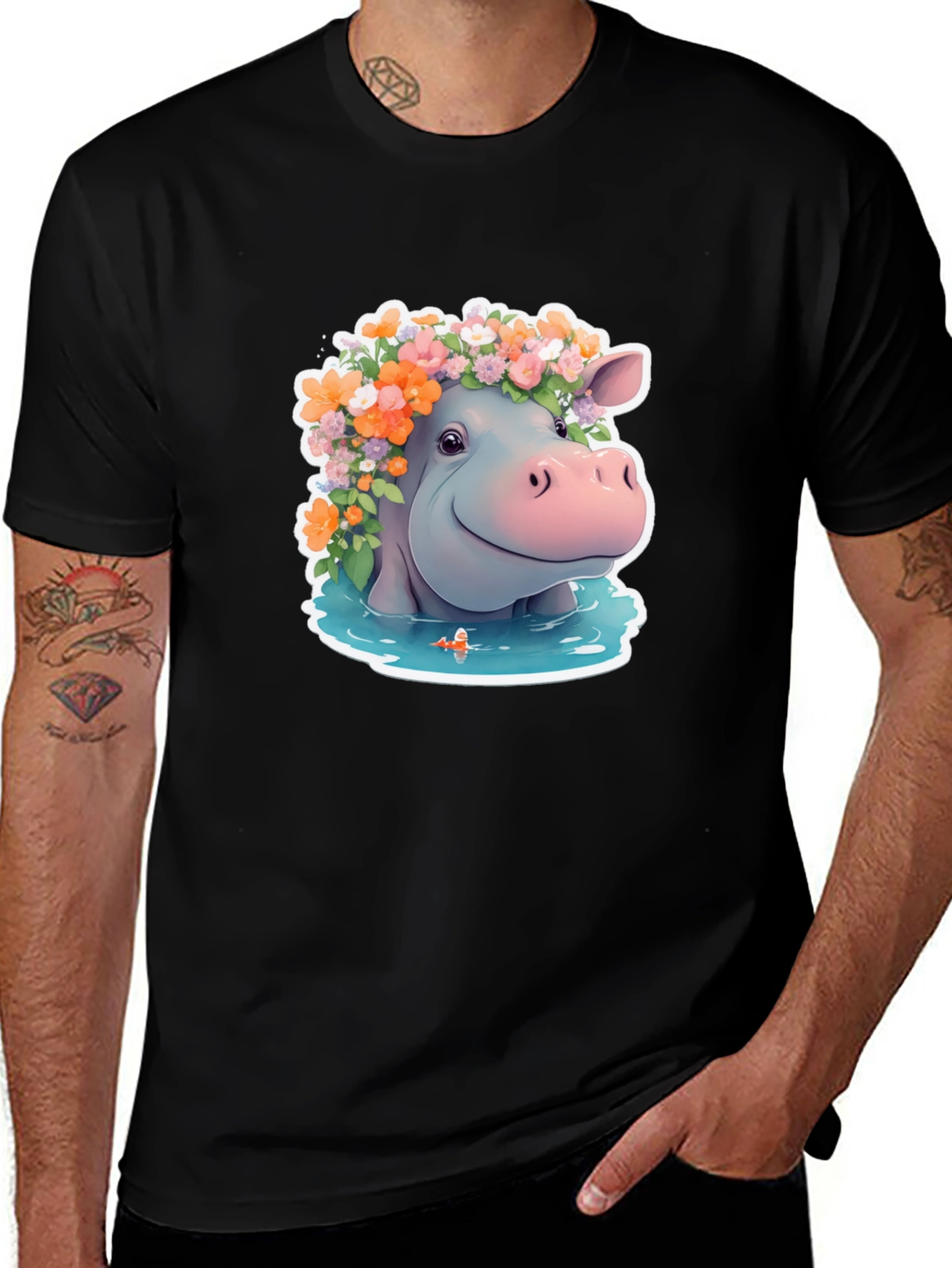 Hippo in Flowers Graphic T-Shirt