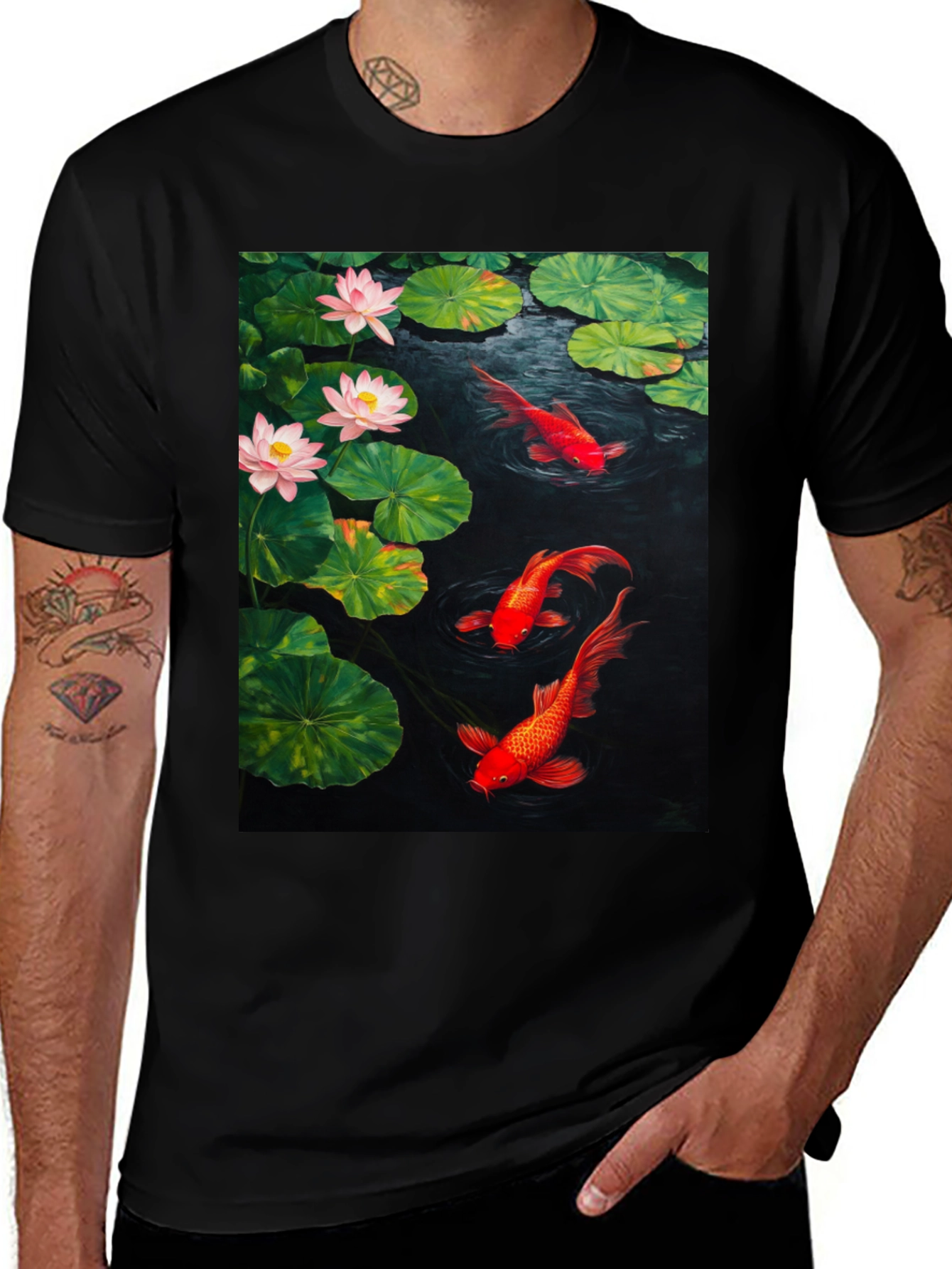 Variant 18 of Koi Pond Graphic Tee - Black Cotton T-Shirt