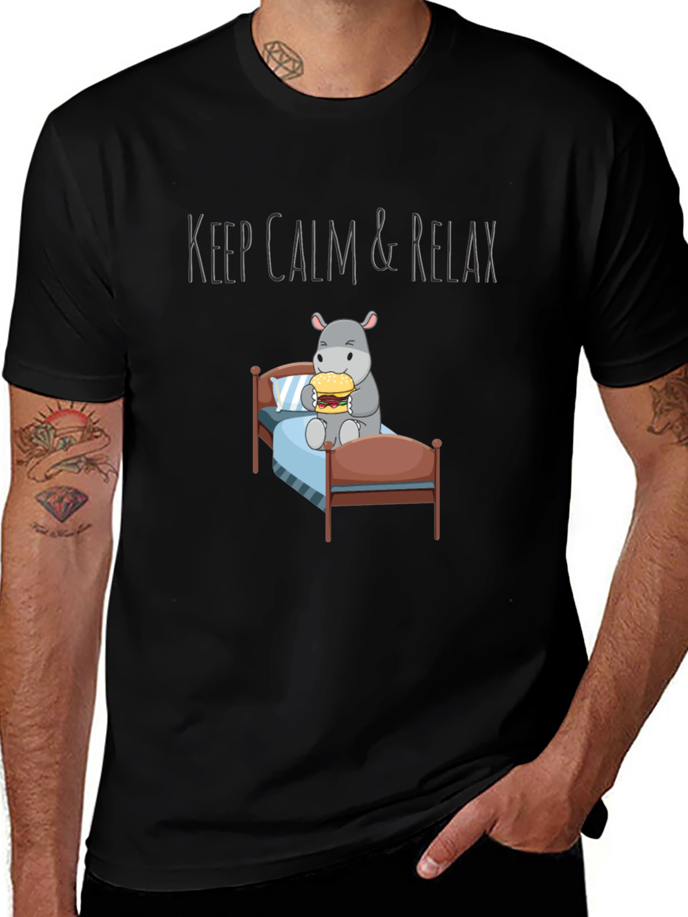 Keep Calm Relax Hippo Burger Black T-Shirt