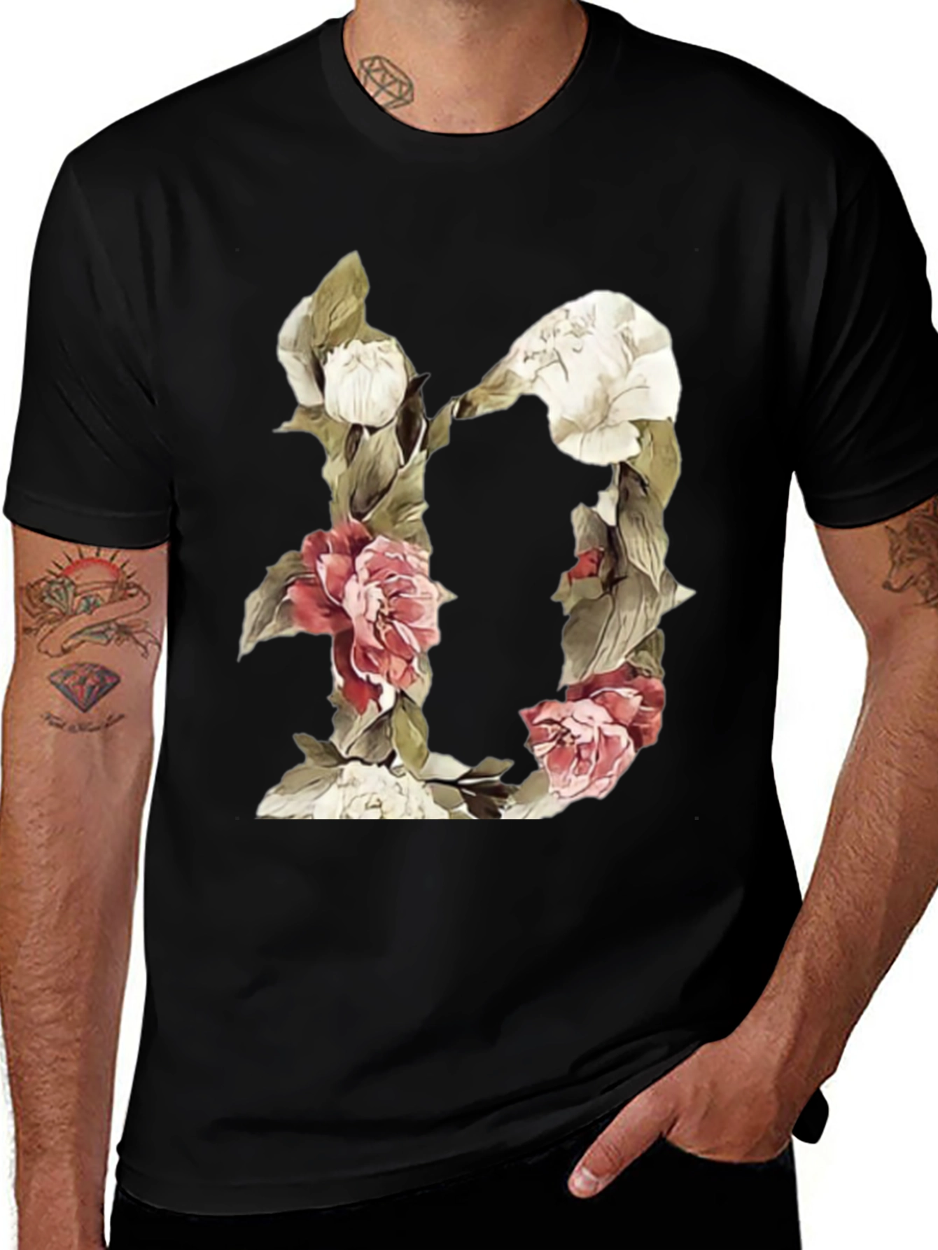 Variant 12 of Floral Letter D Black T-Shirt