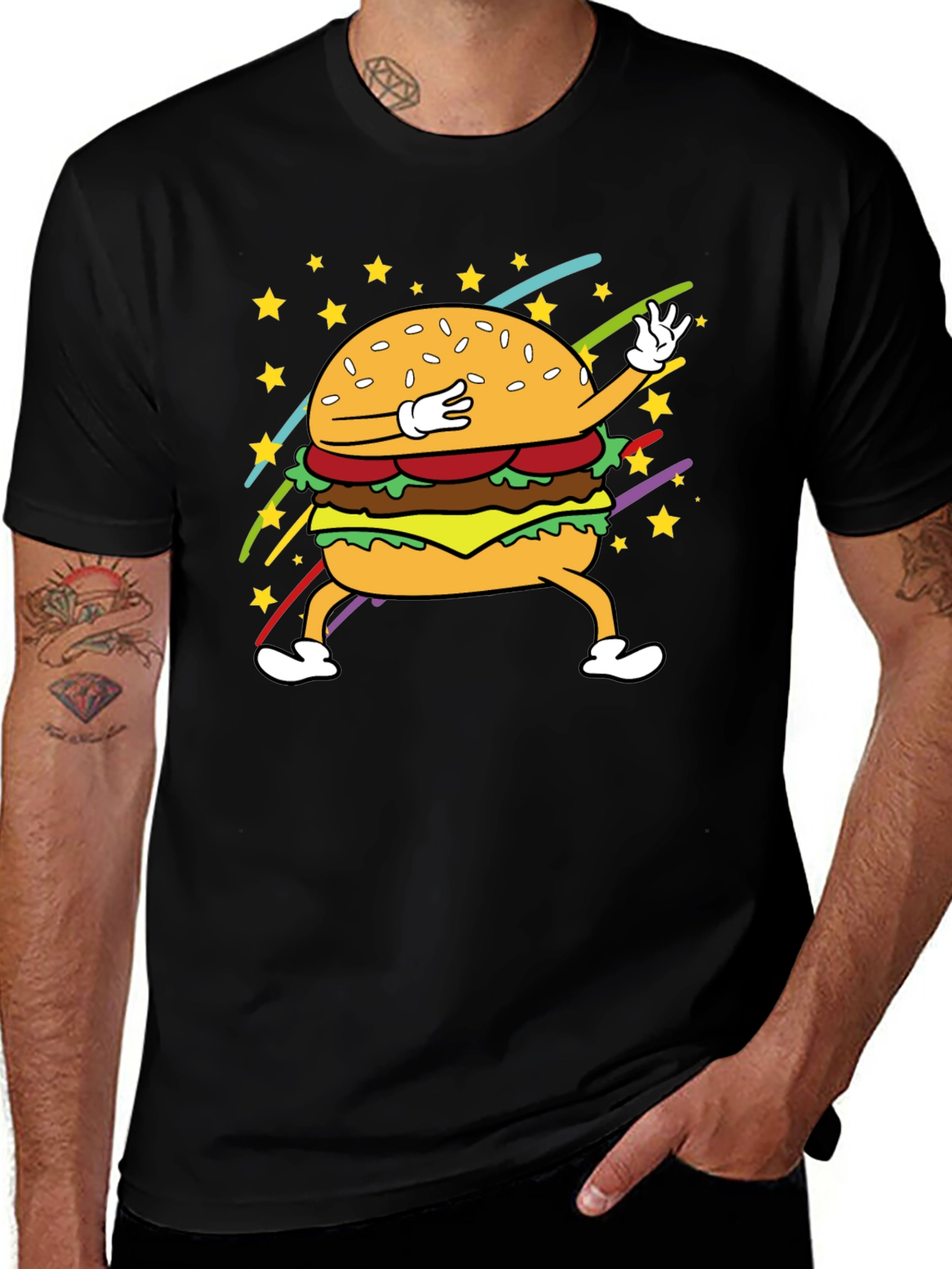 Dabbing Burger Graphic Tee - Black Cotton T-Shirt