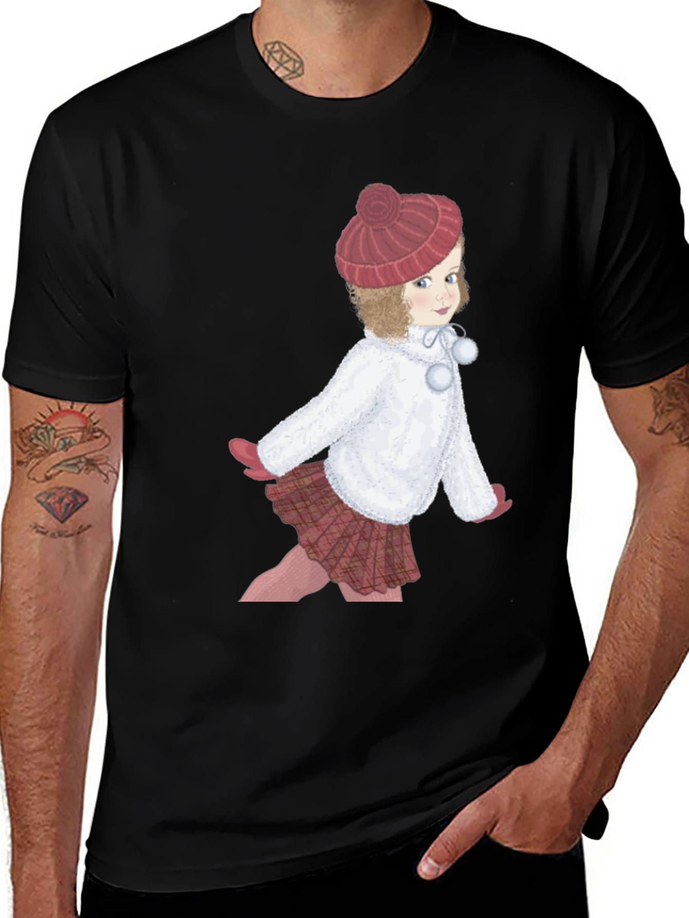 Variant 29 of Girl with Hat Graphic Tee - Black Cotton T-Shirt