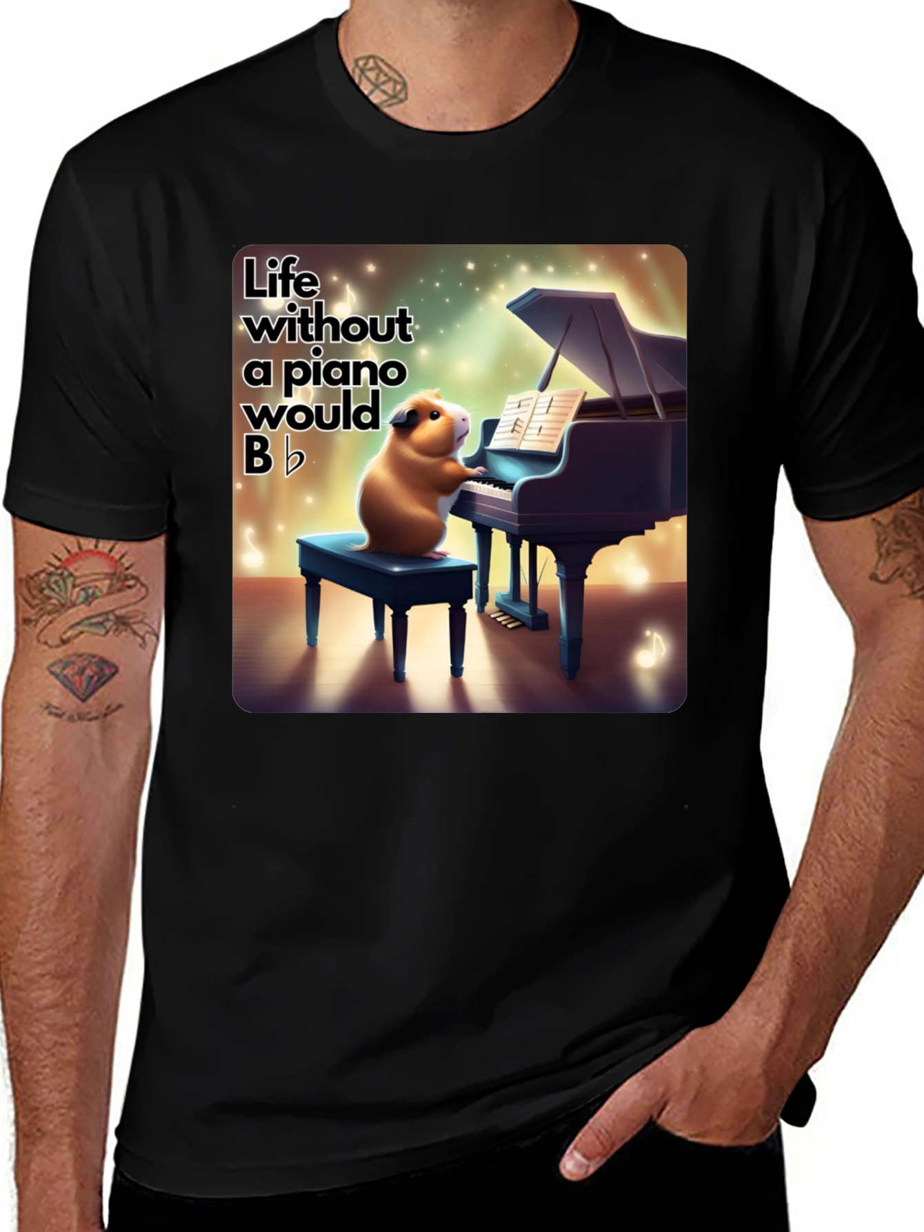 Black Piano Playing Guinea Pig Graphic Tee - Musical Humor main image