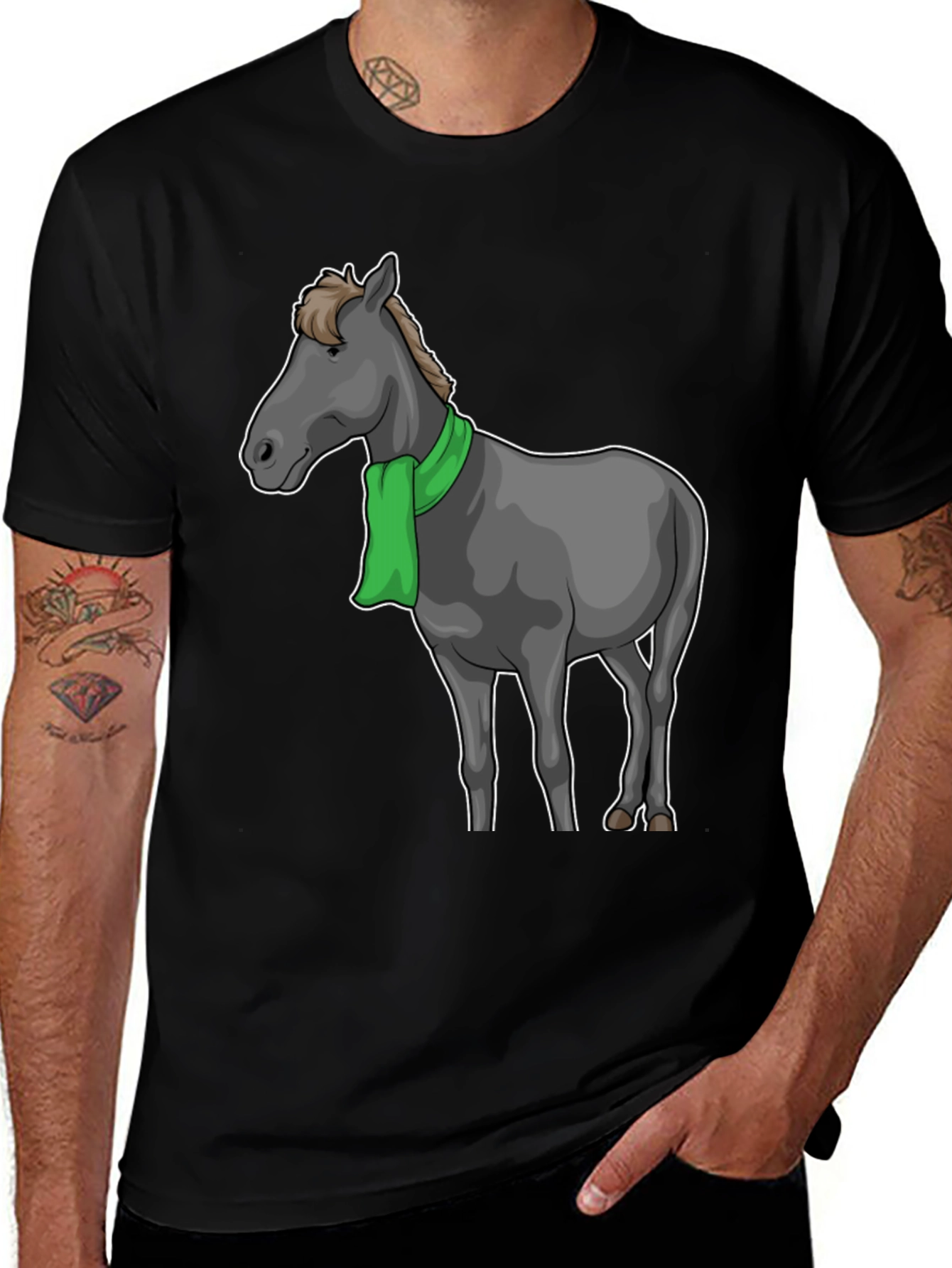 Variant 27 of Horse Scarf Graphic Tee - Black Cotton T-Shirt
