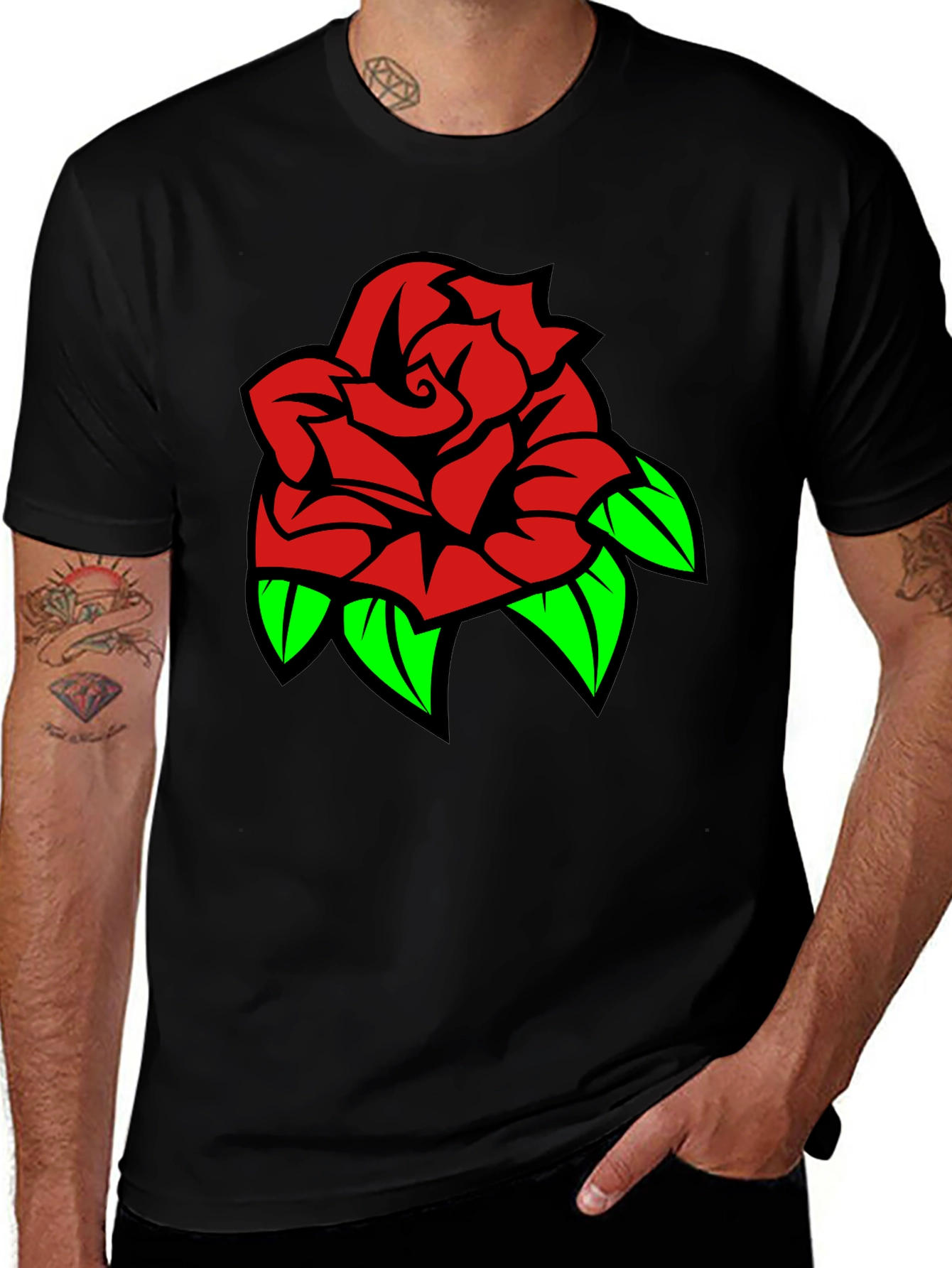 Variant 20 of Rose Graphic Tee - Bold Red & Green Design