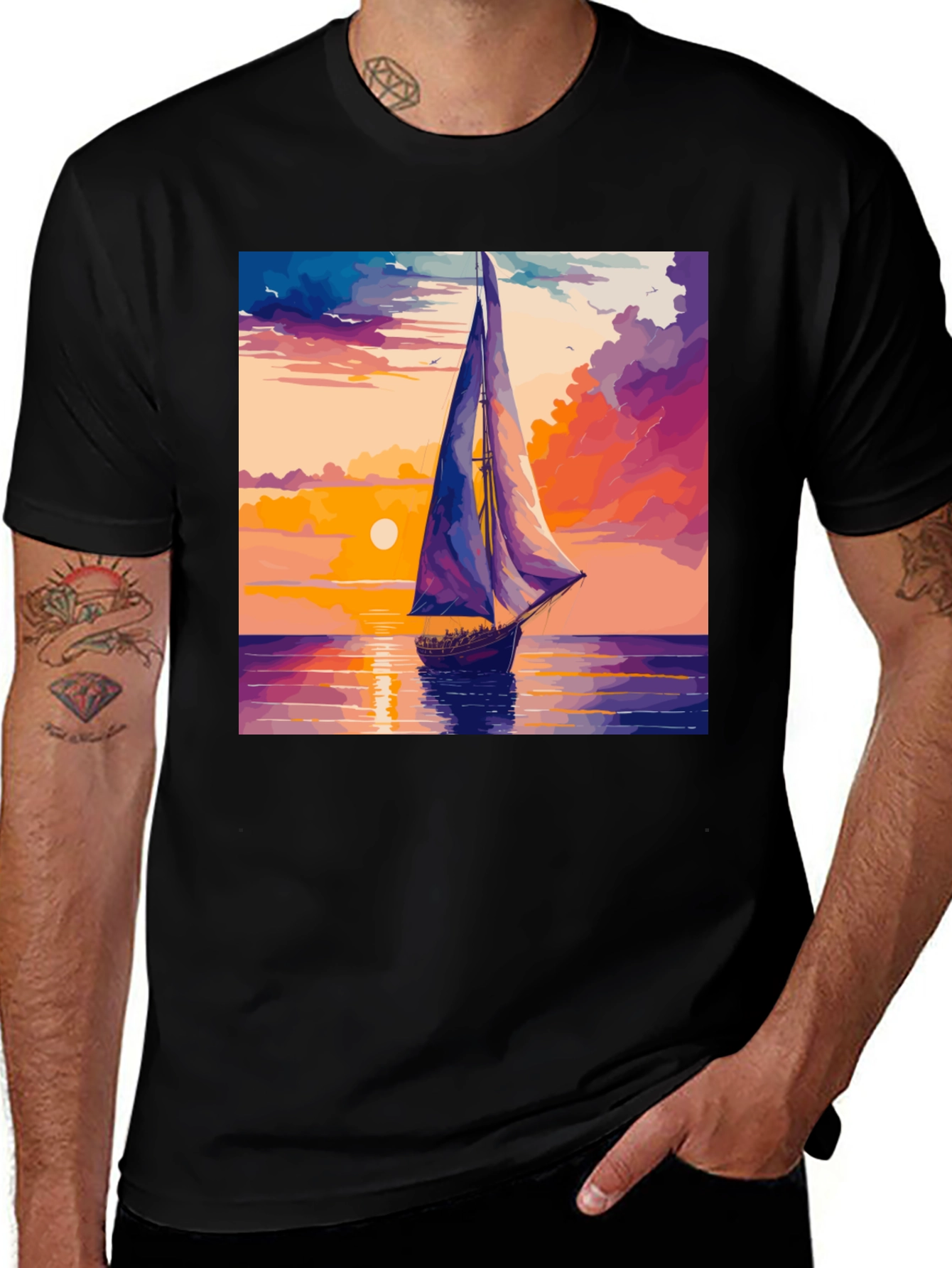Variant 6 of Sunset Sailboat Graphic Tee - Black Cotton Casual T-Shirt