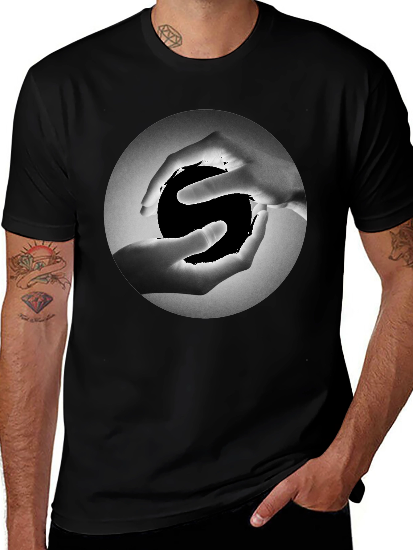 Variant 22 of Yin Yang Hands Graphic Tee - Black Cotton T-Shirt