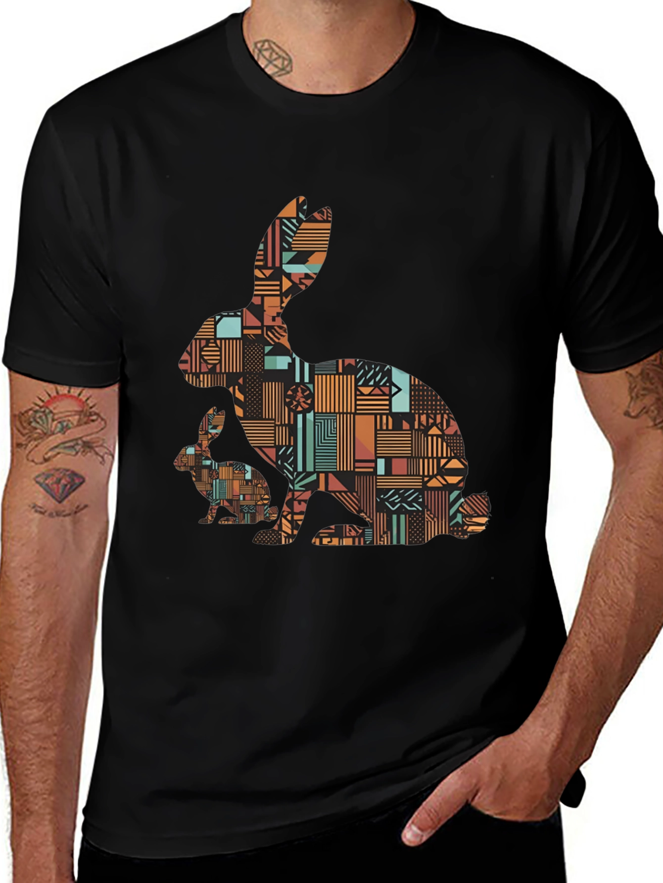 Variant 17 of Geometric Rabbit Print Black T-Shirt