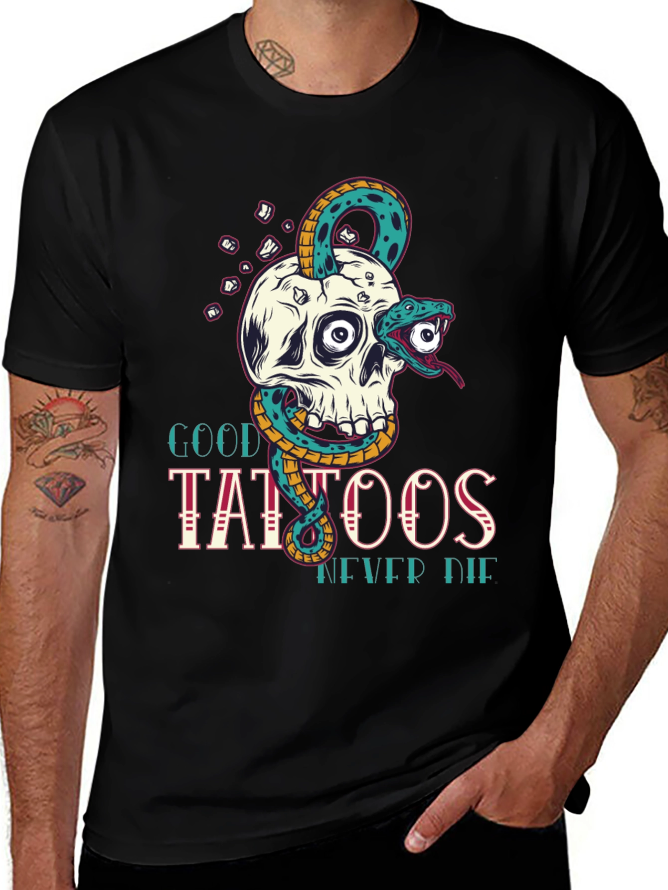 Variant 9 of Skull Snake Tattoo Graphic Tee - Men's Black T-Shirt