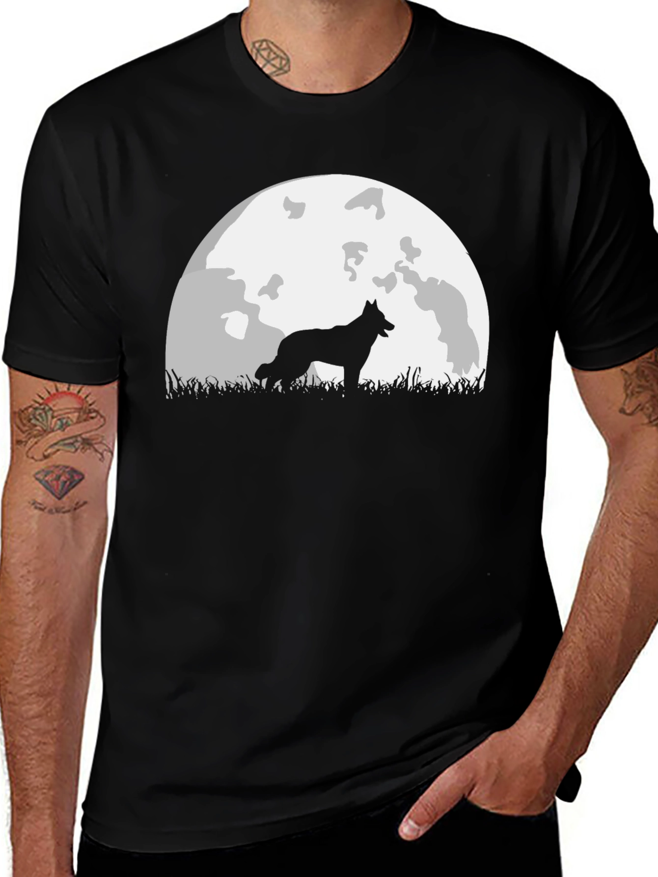 Variant 29 of Wolf Silhouette Moon Graphic Tee - Black T-Shirt