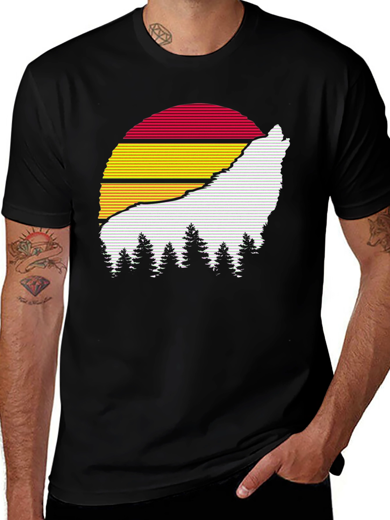 Variant 27 of Retro Wolf Sunset Graphic Tee - Black Cotton Blend