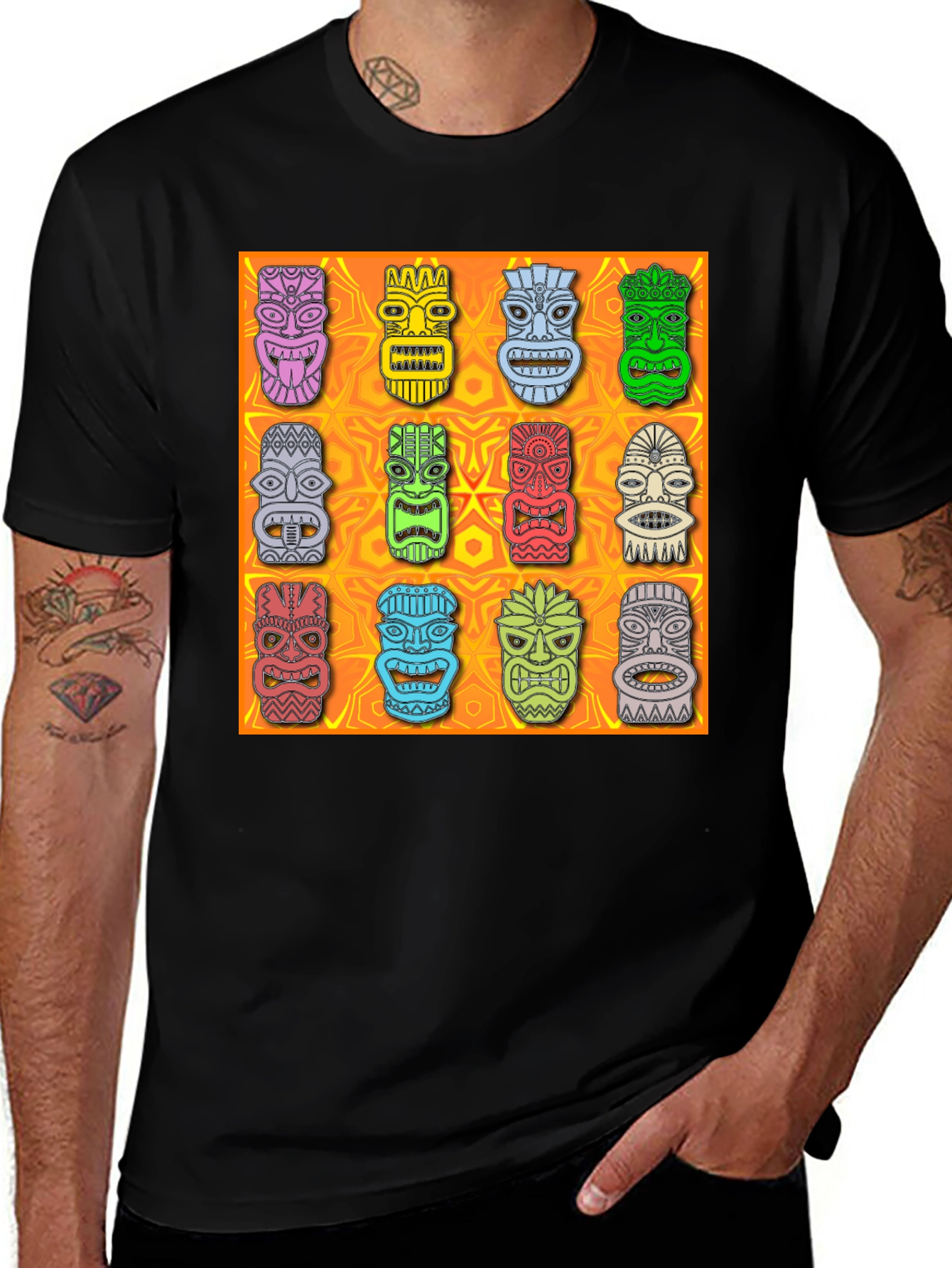 Tiki Masks Graphic Print Black T-Shirt