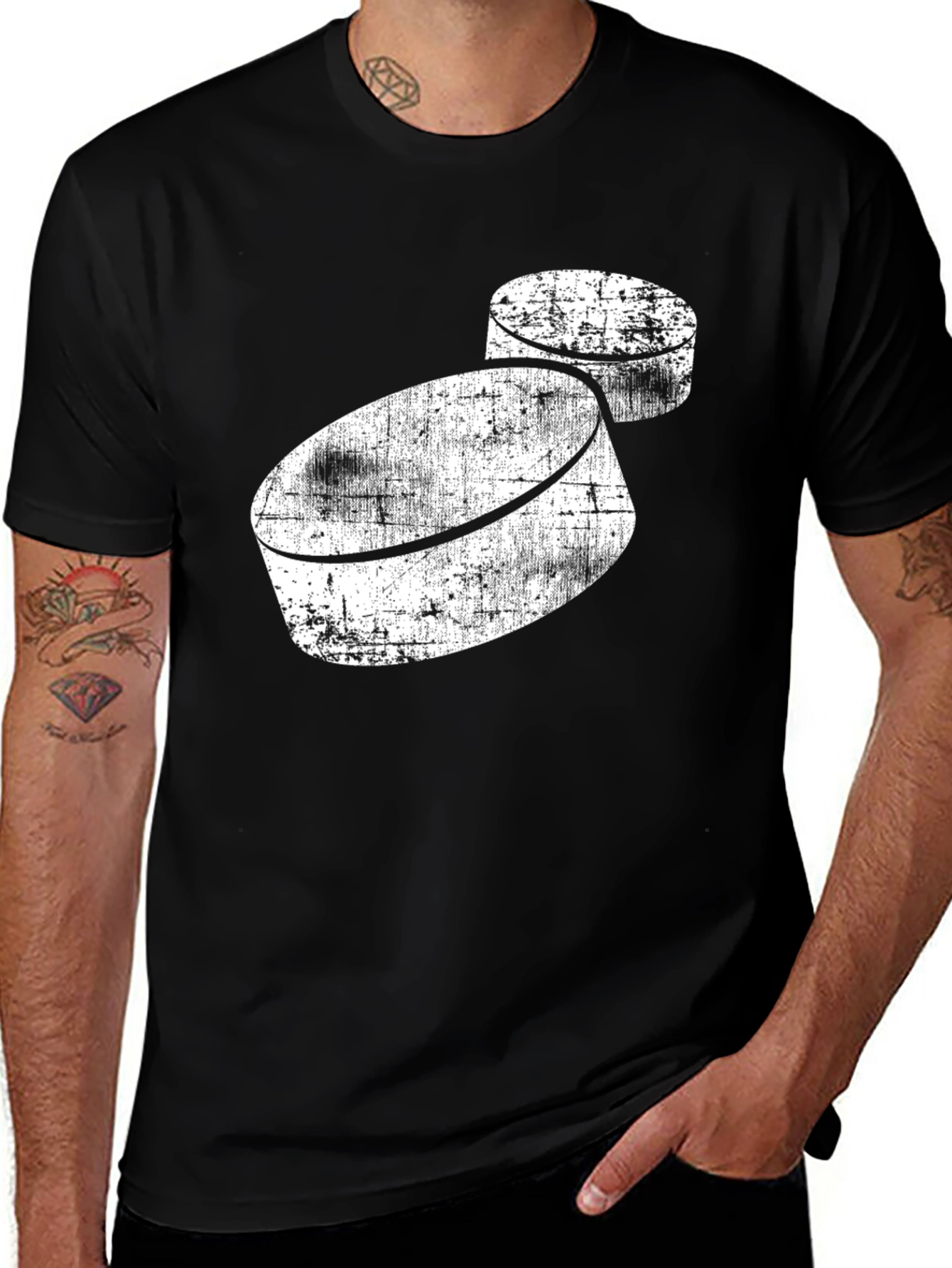 Variant 29 of Distressed Hockey Puck Graphic Tee - Black Cotton Shirt