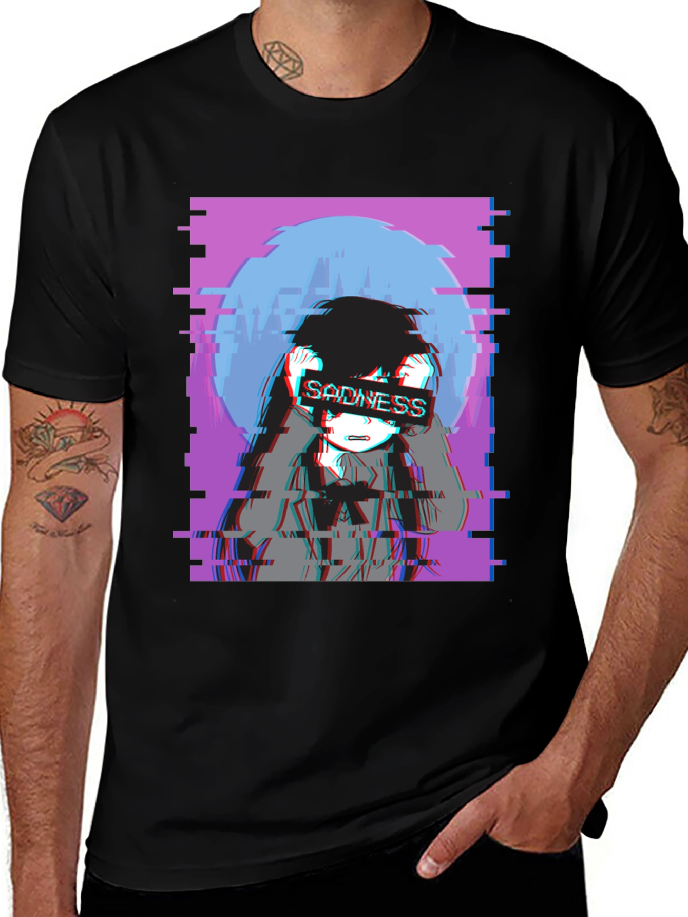 Variant 2 of Sadness Anime Glitch Graphic Black T-Shirt