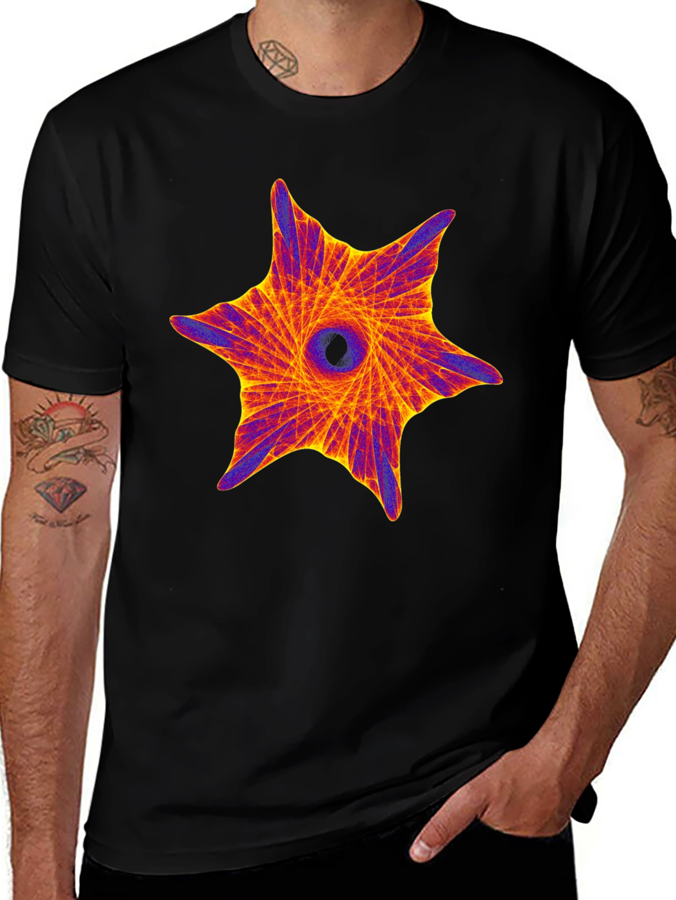 Variant 26 of Abstract Geometric Starburst Men's Black T-Shirt