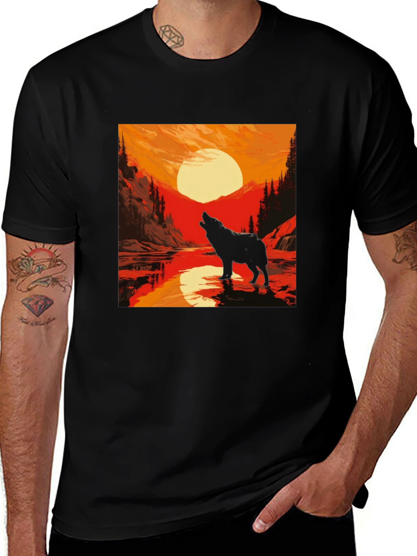 Variant 30 of Wolf Howling at Sunset Graphic Tee - Black