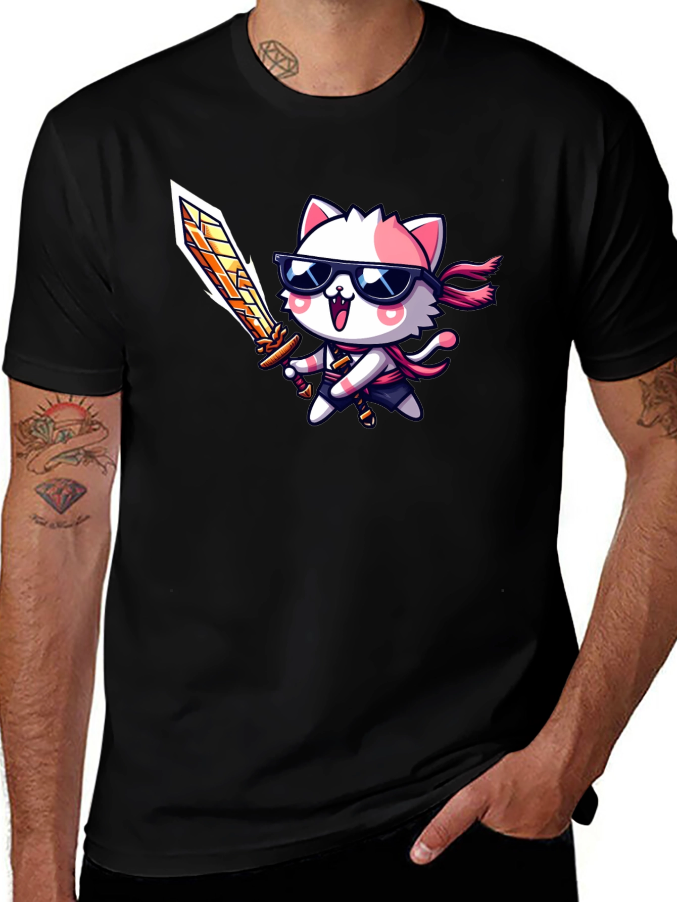 Variant 30 of Cool Cat Warrior Graphic Tee - Black Cotton T-Shirt