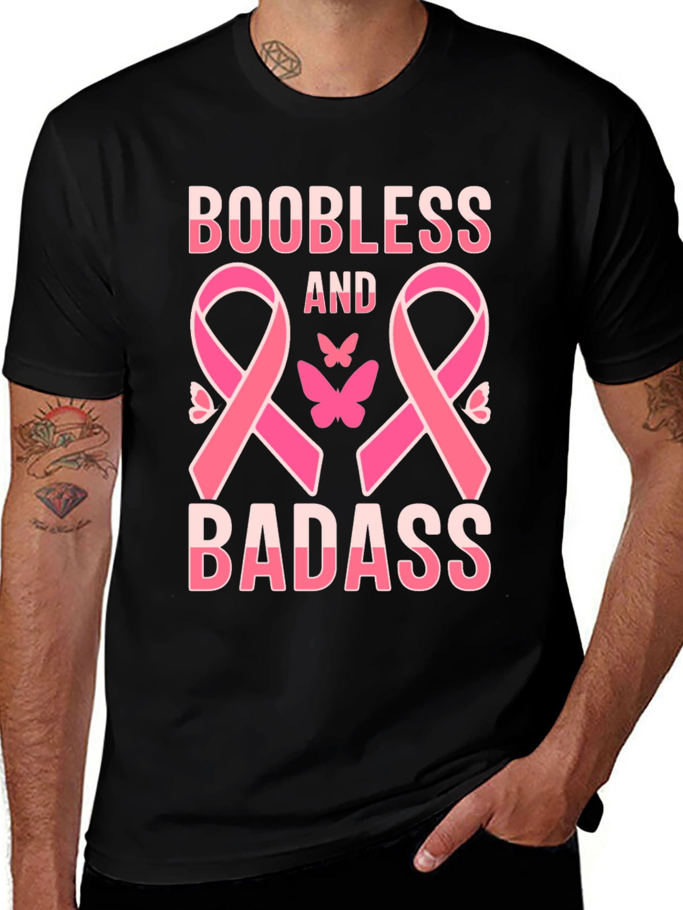 Variant 10 of Boobless Badass Breast Cancer Awareness T-Shirt