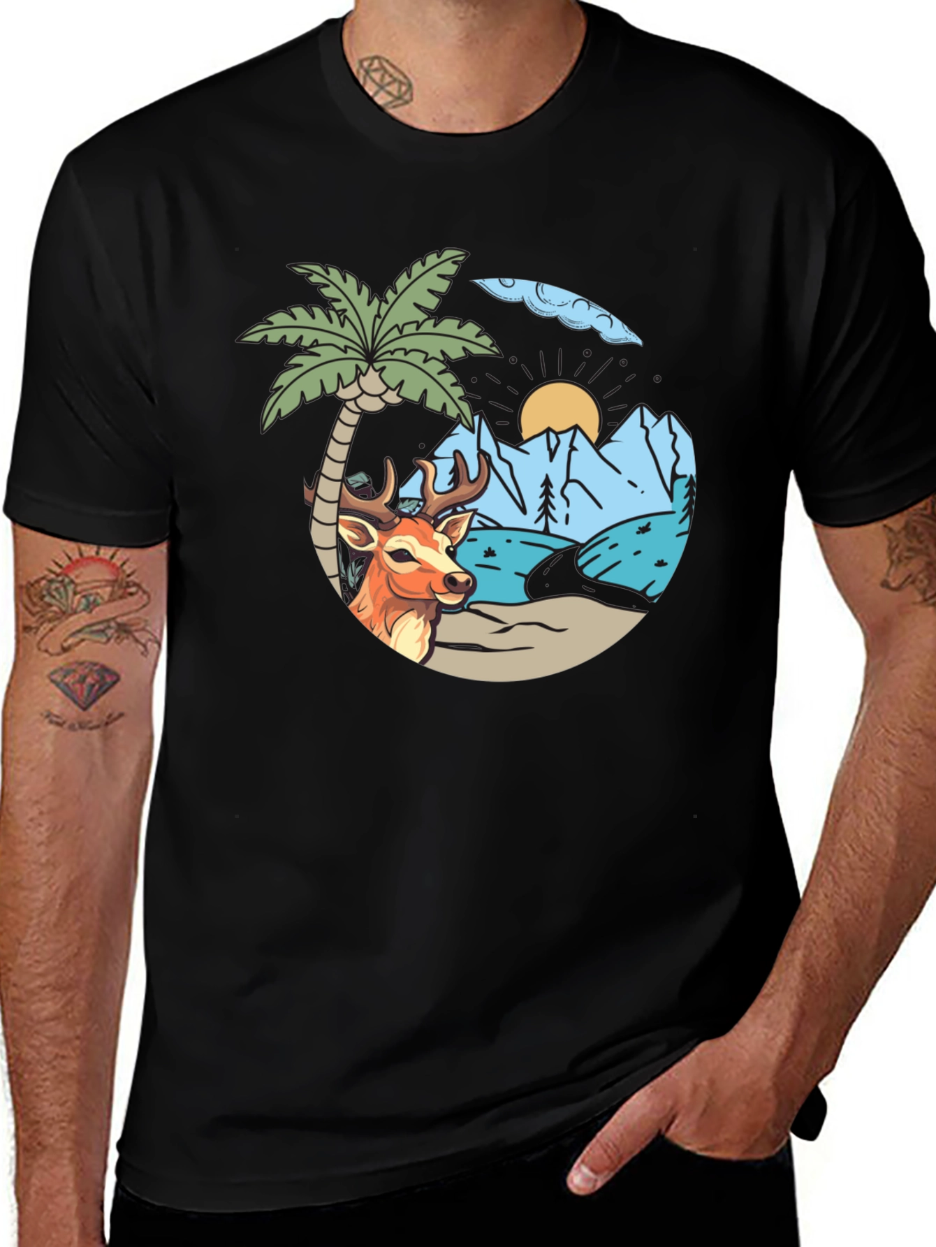 Variant 3 of Deer Beach Scene Black T-Shirt