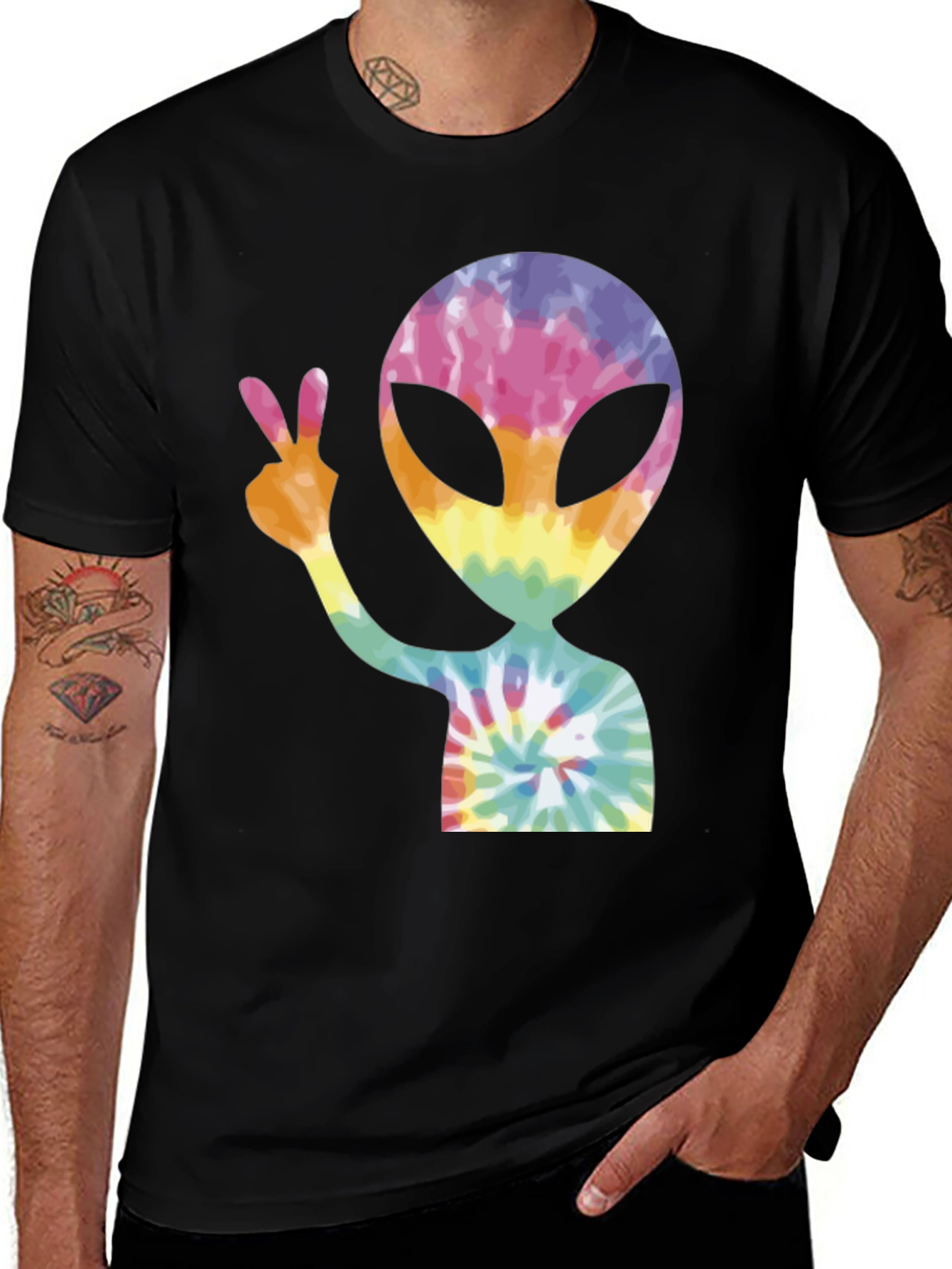 Variant 15 of Tie Dye Alien Peace Sign Black T-Shirt