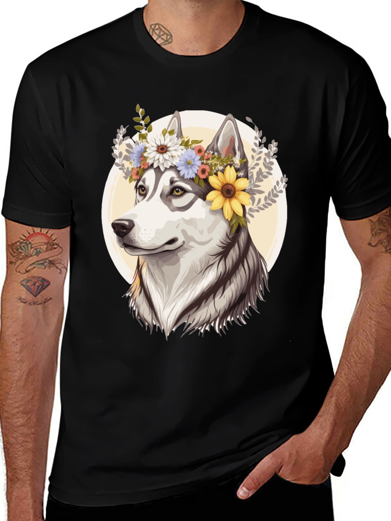 Floral Husky Graphic Tee - Black Unisex T-Shirt