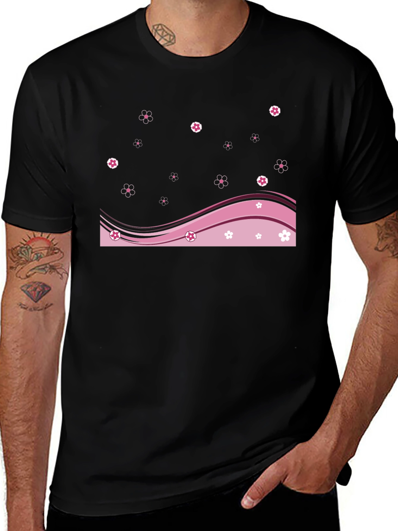 Black T-Shirt with Cherry Blossom Graphic Design