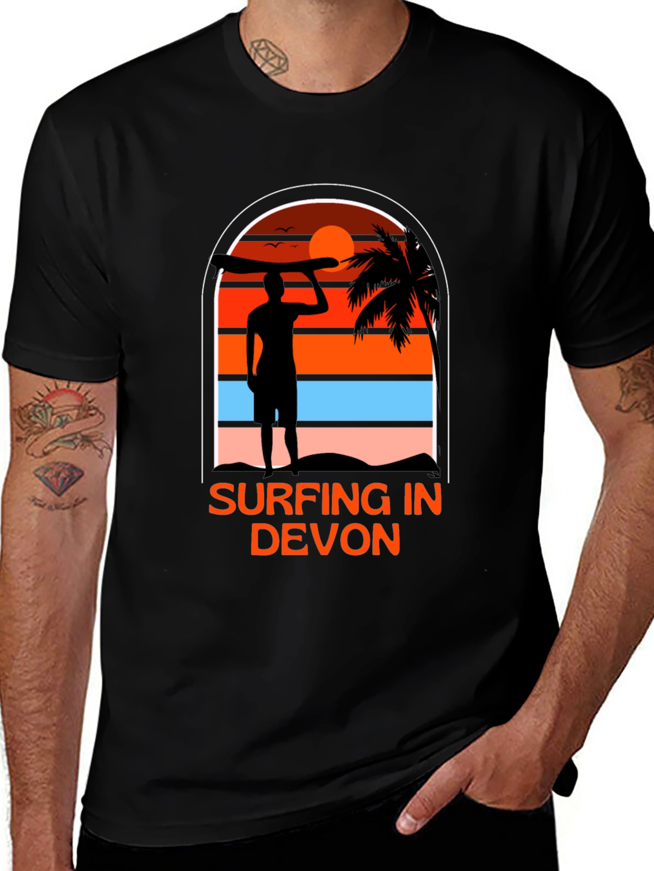 Variant 5 of Surfing in Devon T-Shirt - Black Beach Sunset Tee