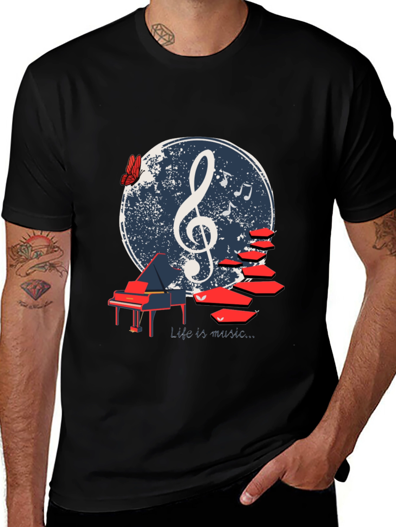 Musical T-Shirt: Life is Music - Piano & Clef Design